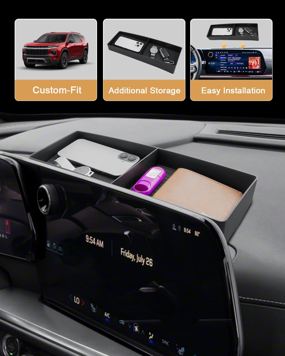 ECOZEN 2026 Chevy Traverse Dash Console Organizer Tray - Behind Screen Organizer for 2024-2026 Traverse(LT/Z71/High Country/RS) Accessories Dashboard Storage Behind Screen Center Console Organizer