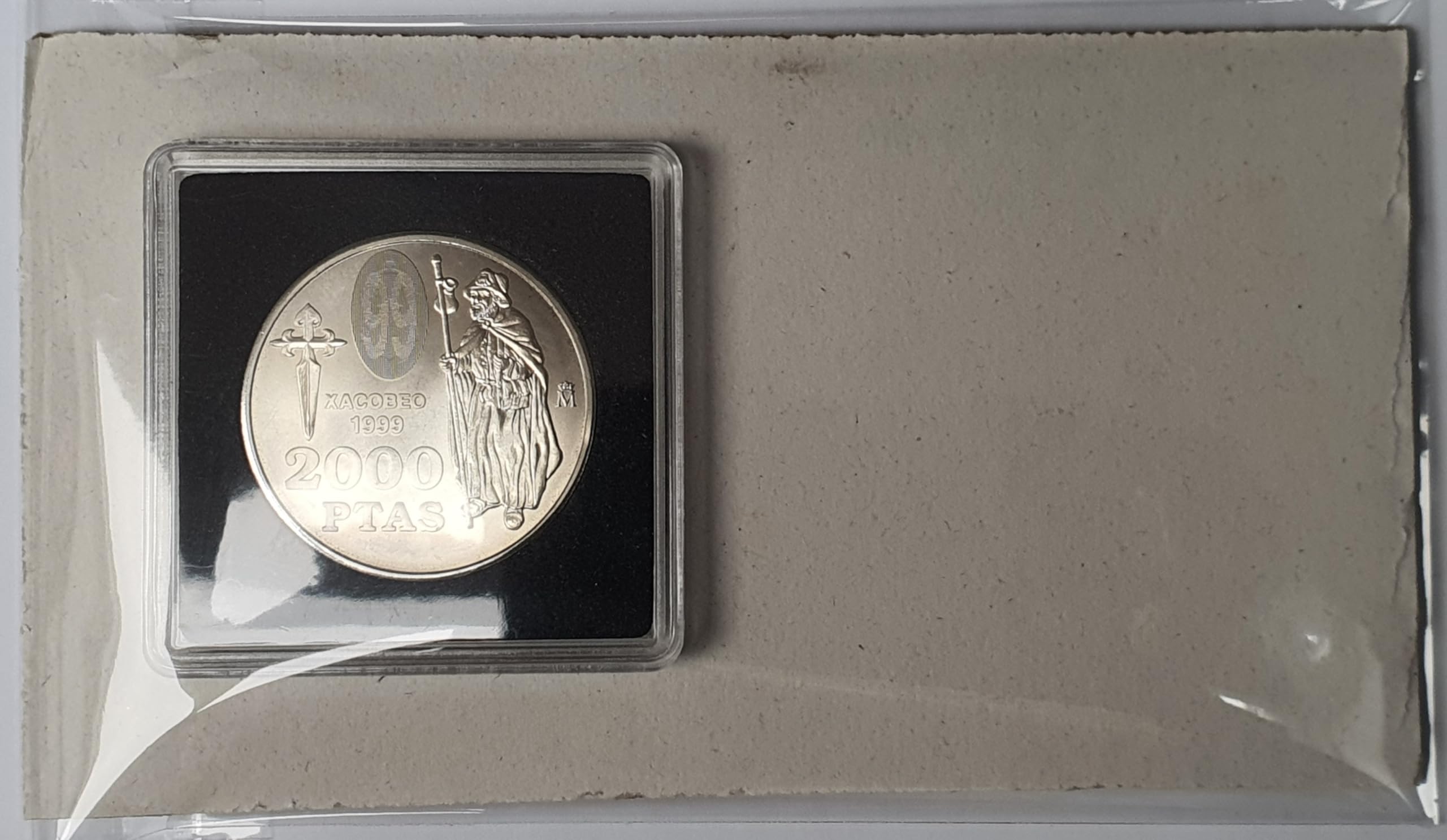 ESPAÑA Moneda ORIGINAL2000 PESETAS Plata 1999 Xacobeo en Cápsula QUADRUM