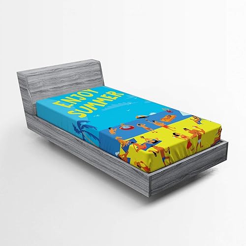 Ambesonne Hello Summer Fitted Sheet, People Having Fun at a Tropical Beach Relaxing Summer Vacation Cartoon Style, Bed Cover with All-Round Elastic