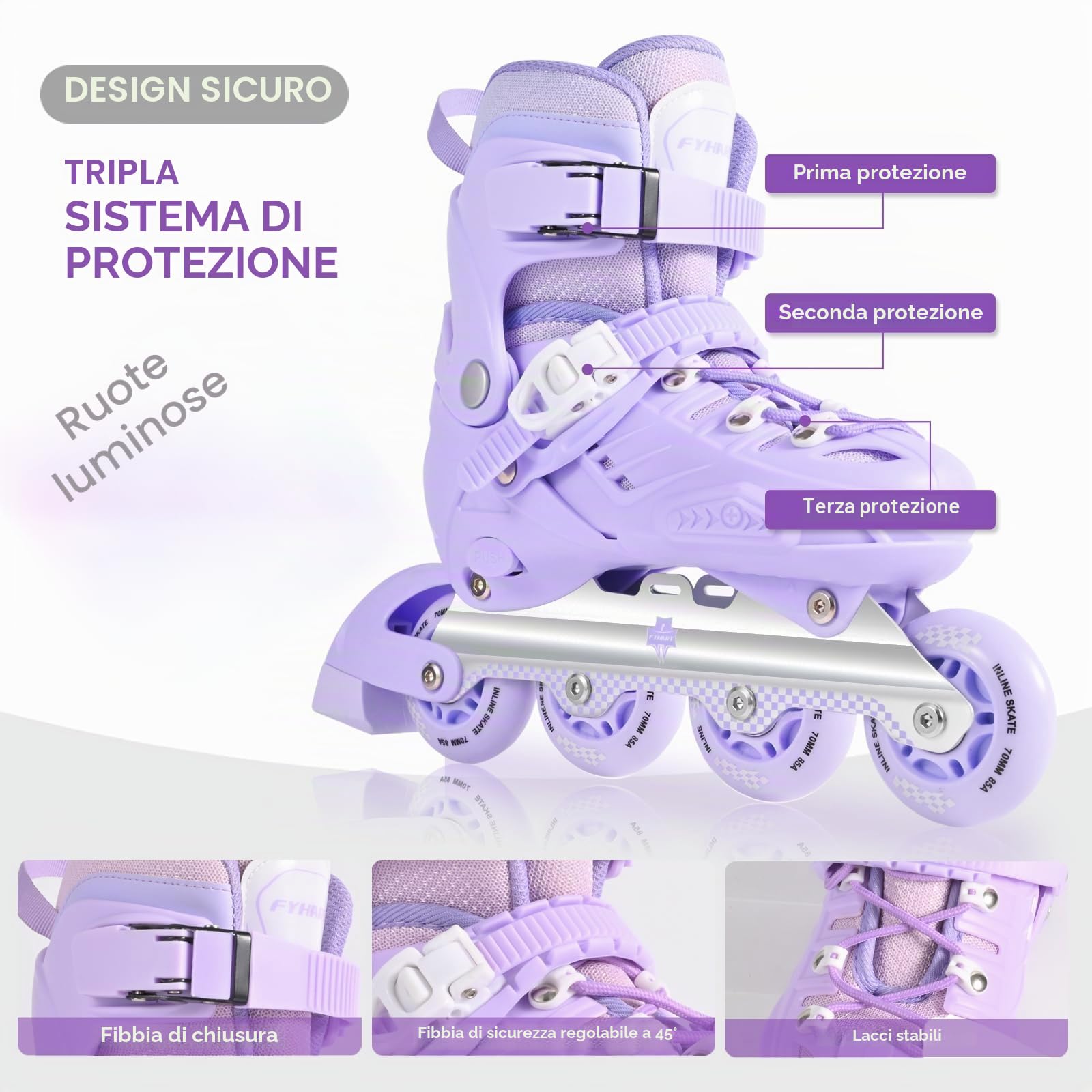 Pattini in Linea per Bambini, Telaio in Alluminio, Misura Regolabile, Viola
