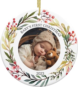 Personalized Babys First Christmas Ornaments Custom New Baby Photo Ceramic Hanging Ornaments Customized Memorial Christmas Tree Hanging Keepsake Gift for Newborn Baby Round-06