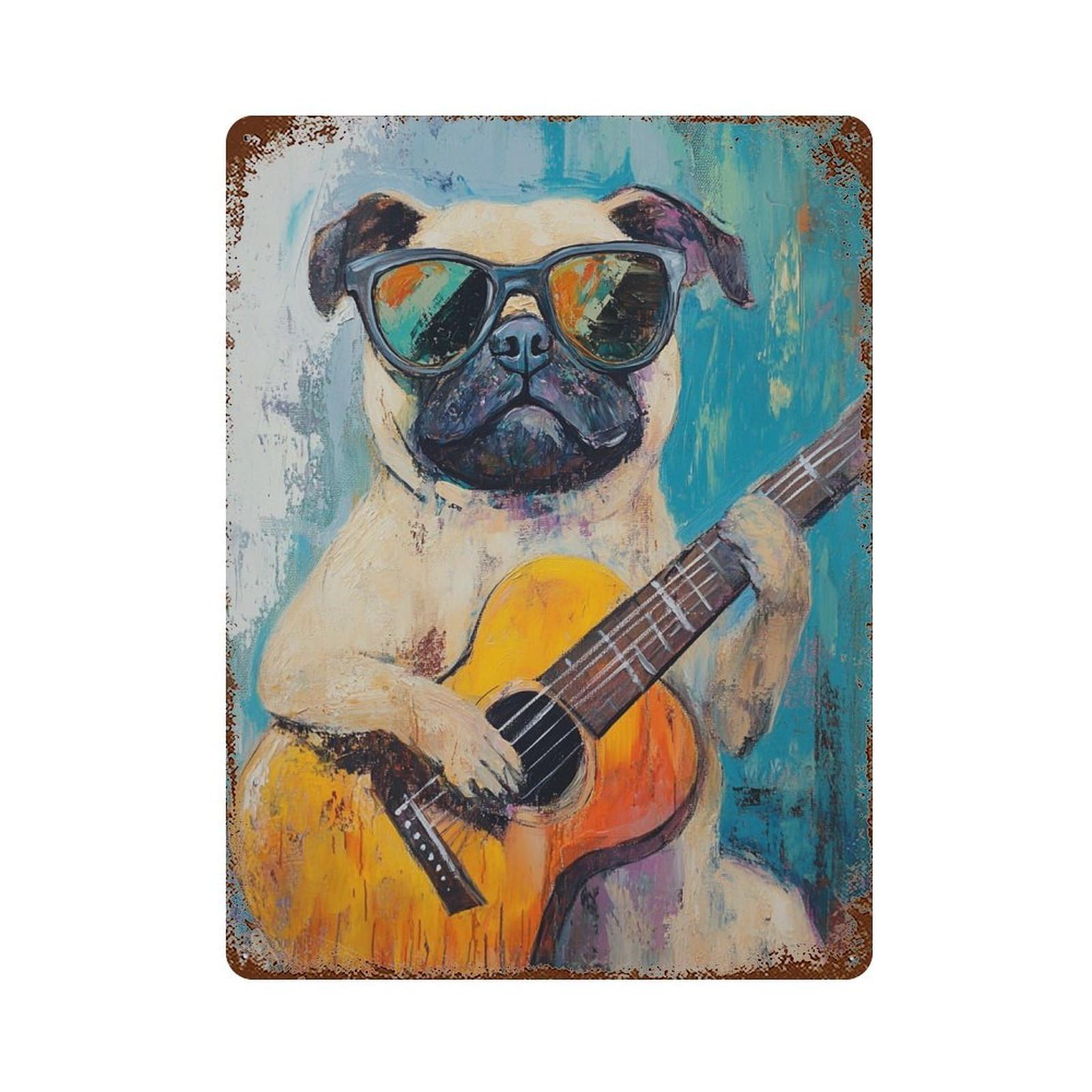 Aged Metal Wall Plaque with Pug Playing Guitar Art Print Design 15.7"x11.8", for Shed, Workshop And Garage Wall Decor, Decorative Metal Wall Art
