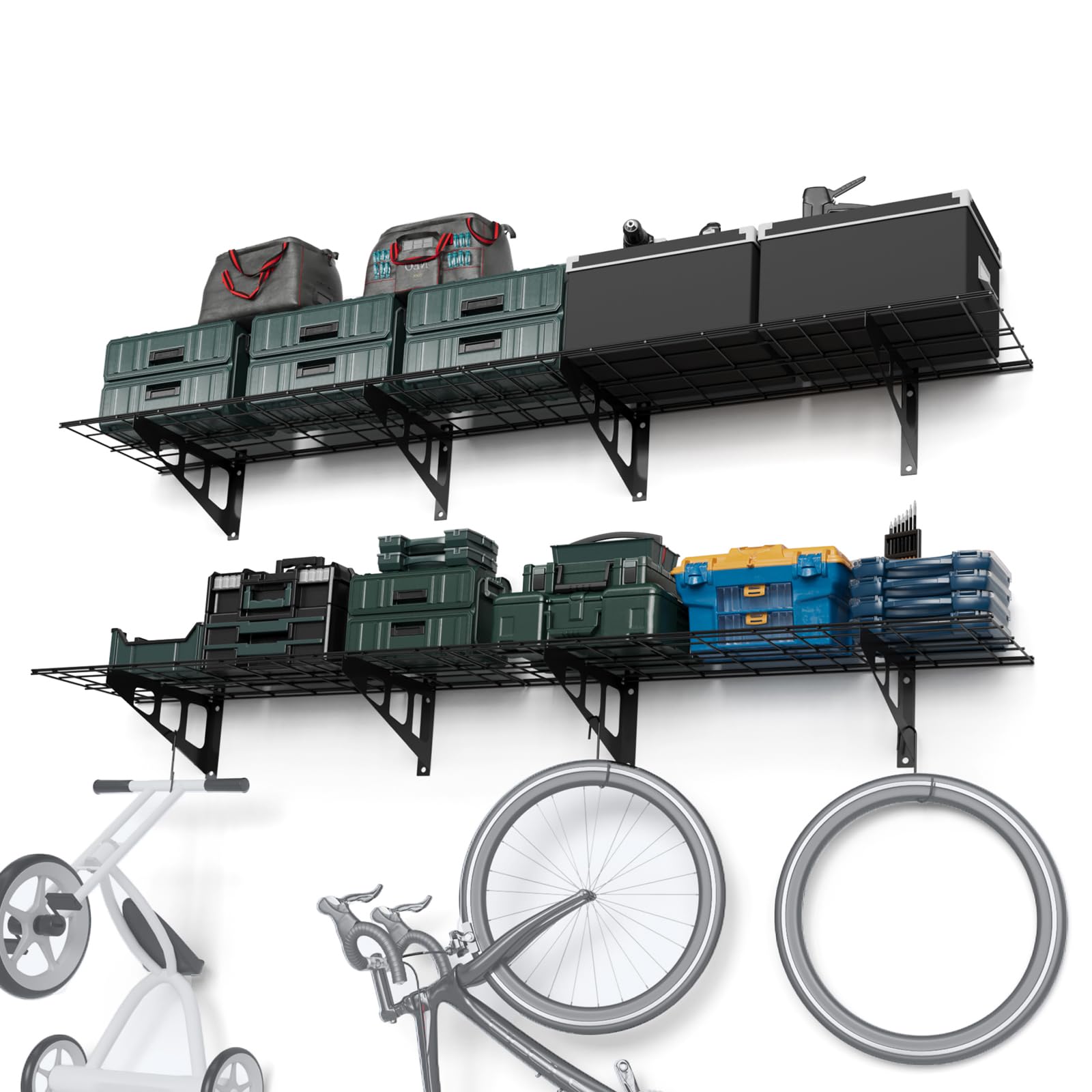 Heavy Duty Floating Shelves 2 Pack: 1x6ft, 12-inch-by-72-inch Garage Wall Mounted Storage Shelf with 600lbs Capacity and Bike Hook