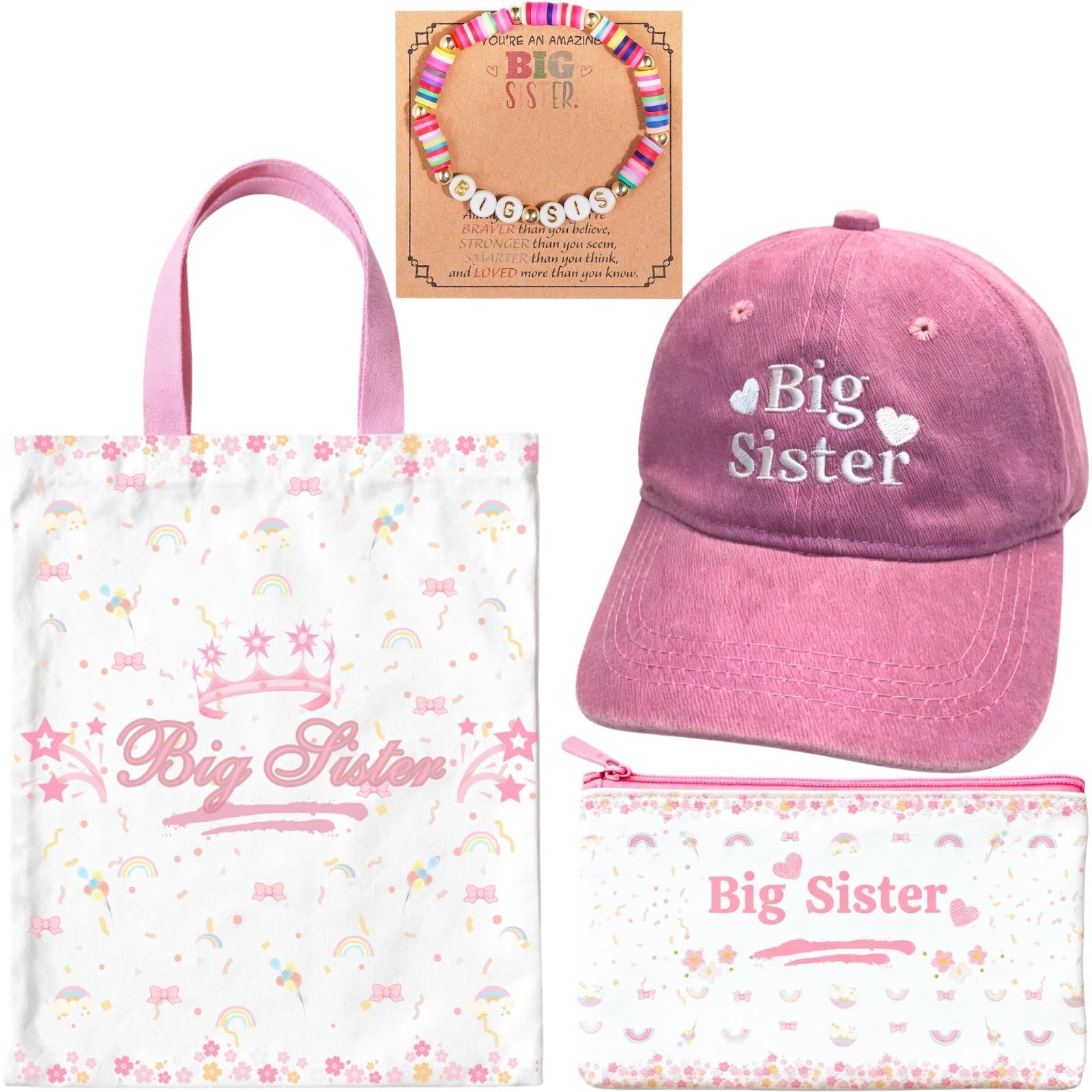 4pcs Big Sister Gifts Set with Embroidered Baseball Caps, Bag, Pen Pouch & Bracelet for Announcement Gift
