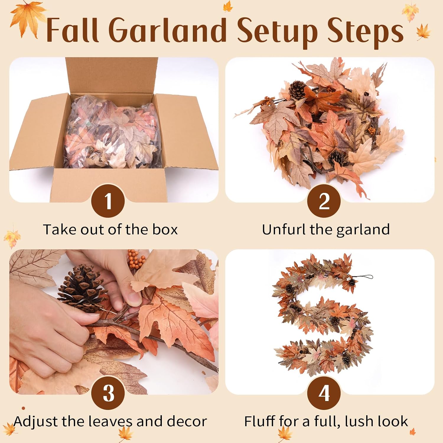 6 Ft Fall Garland with Lights & Timer, Thanksgiving Fireplace Mantel Decor