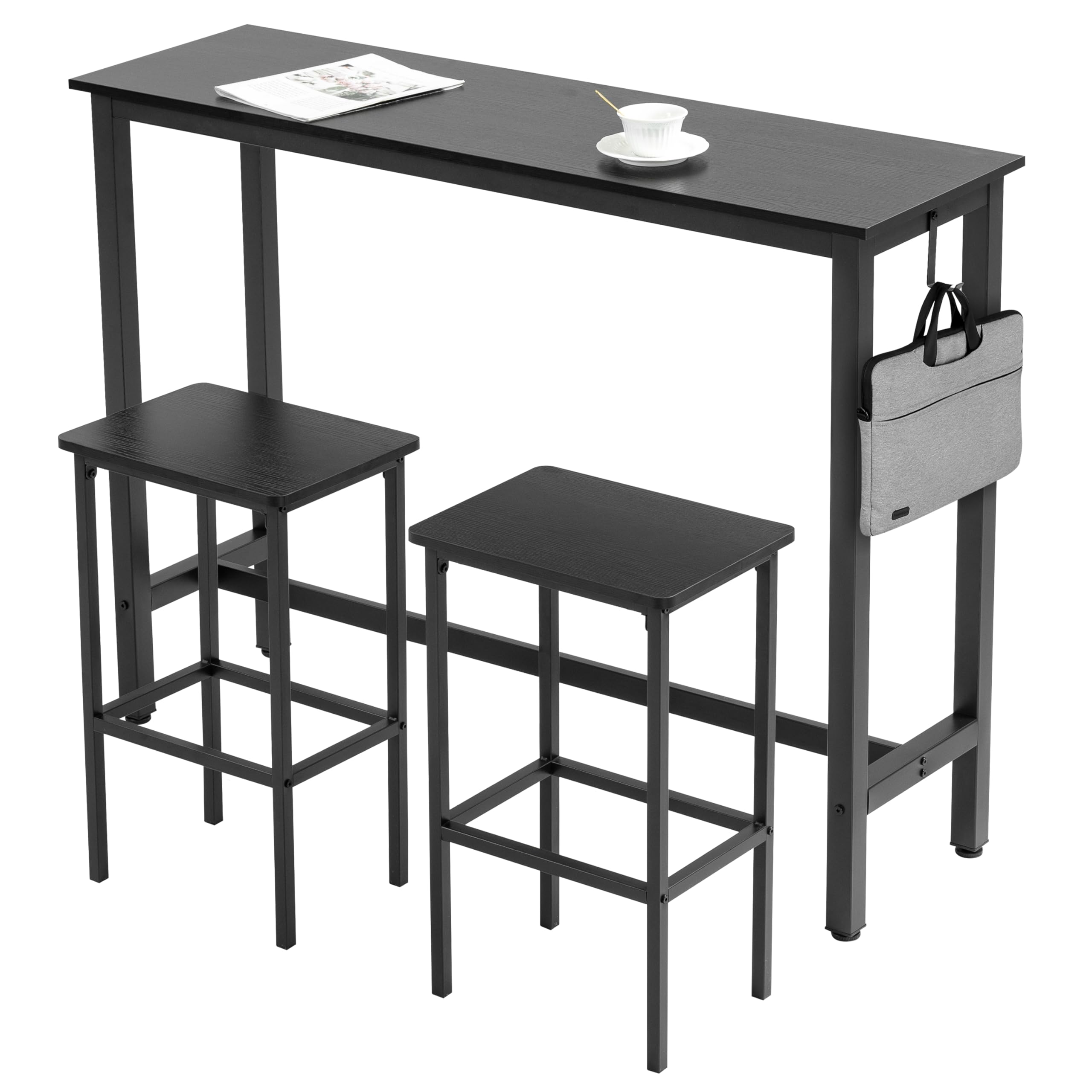 Finnhomy Bar Table Set, 52.7" Pub Table High Top Table, Rectangular Bar Height Table, Bar Table with Stools, Kitchen Table Set for 2, Industrial Breakfast for Kitchen, Living Room, Rustic Black