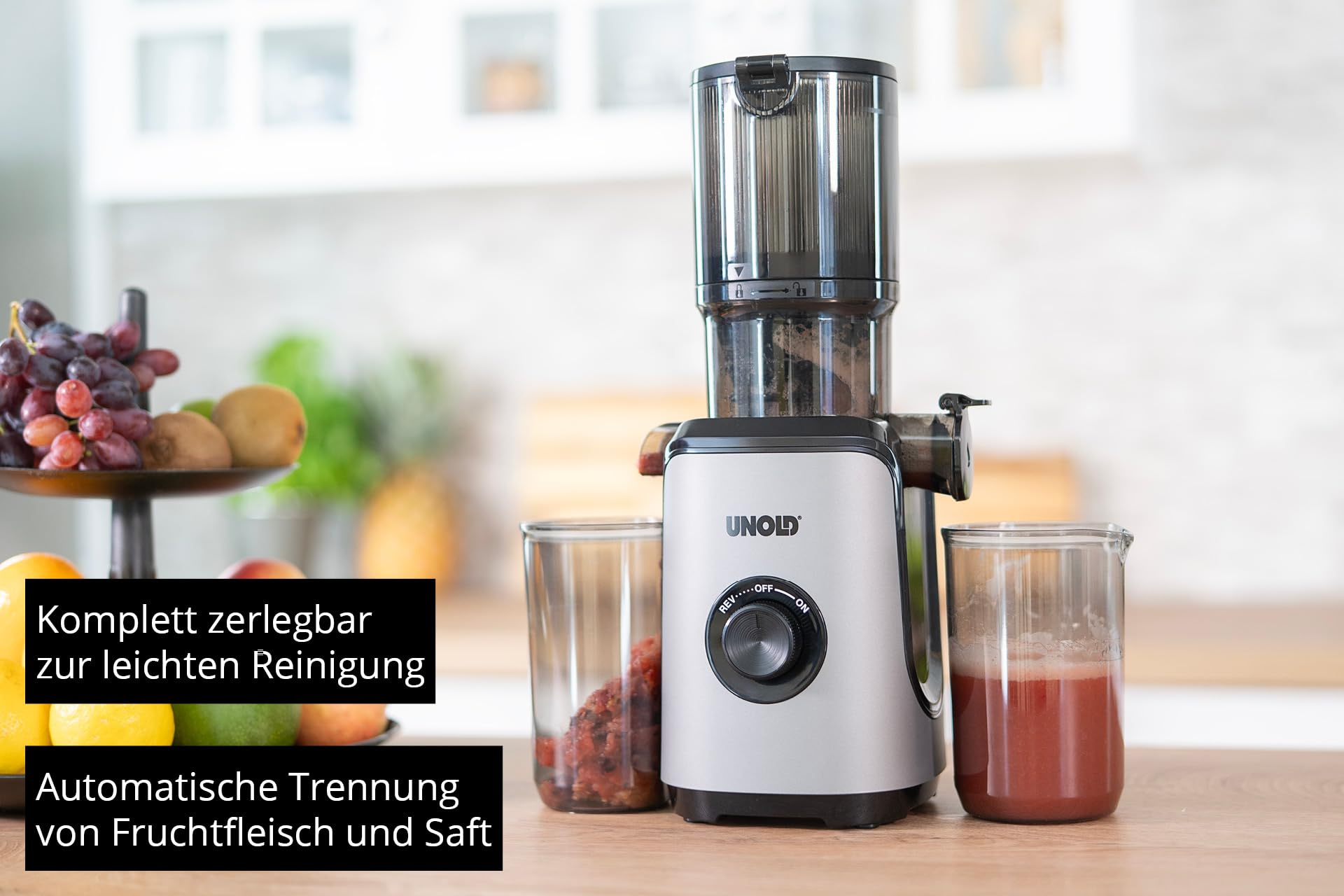 Unold 78275 Slow Juicer Sam, Entsafter mit großem Einfüllschacht und 300W Motor für Obst, Gemüse, Smoothies und Sorbets, mit 110 mm Einfüllöffnung, Leicht zu Reinigen, 800ml Fassungsvermögen