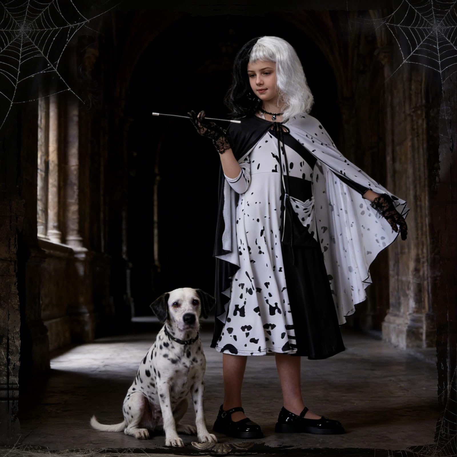 IEEILULU Cruella Costume Bambina, Vestito Crudelia Demon Donna, Costume da Crudelia Deville per Ragazze, Buono per il Ragazze Cosplay di Halloween - il Carnevale del Male