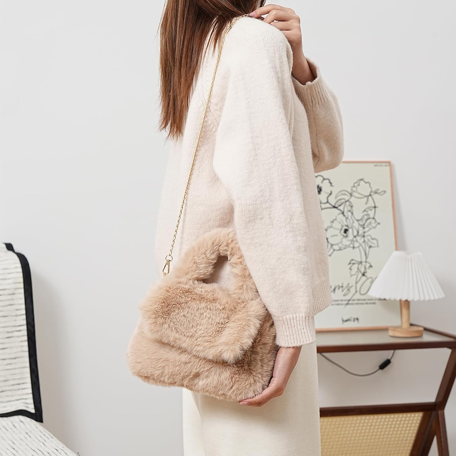 Fluffy Tote Bag for Woman Plush Shoulder Handbag Furry Faux Fur Purse for Winter - Image 2