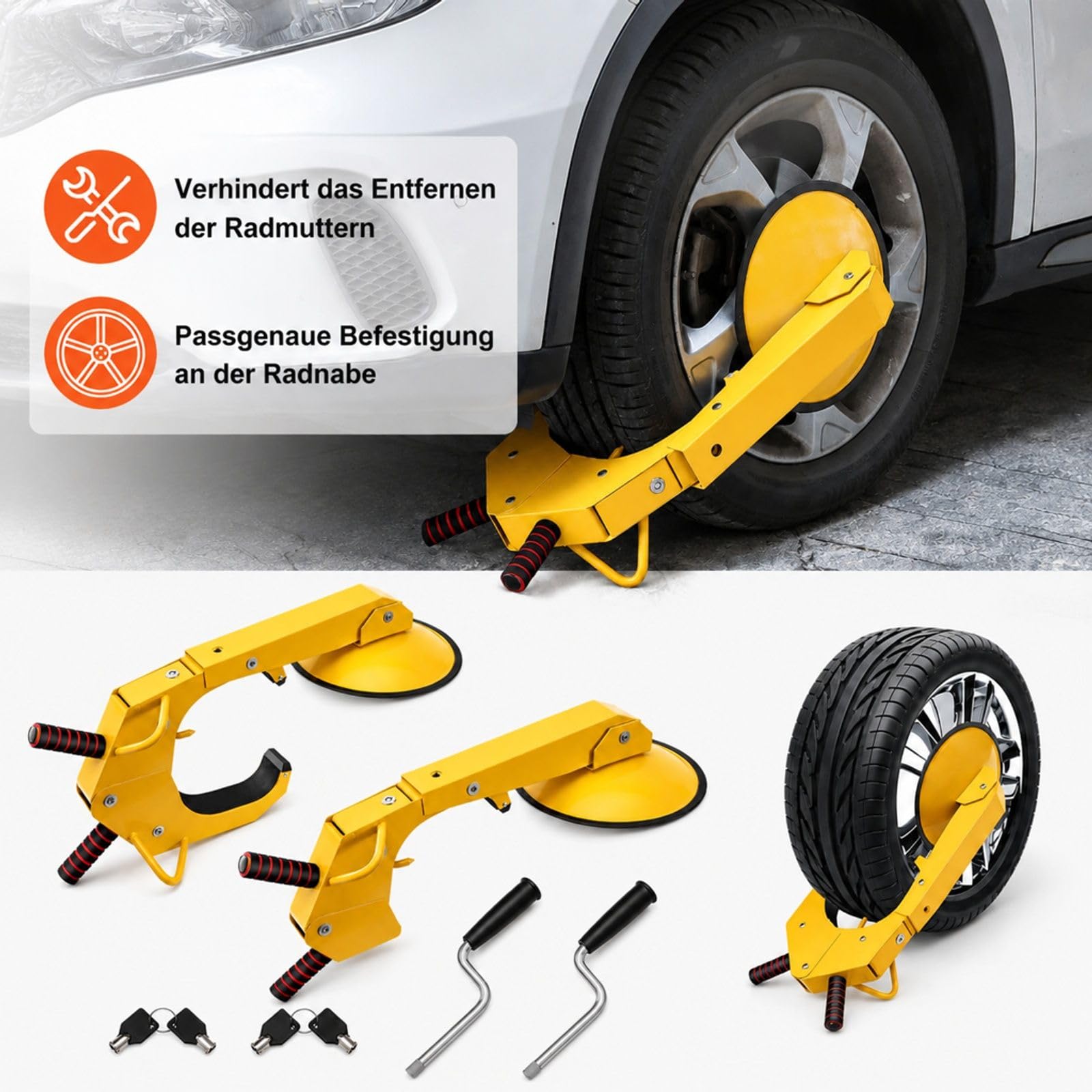 2er Set gelbe Radkrallen aus Q235 Stahl mit Saugnapf und Schlüsseln für Auto Anhänger Lkw SUV Camper Boot