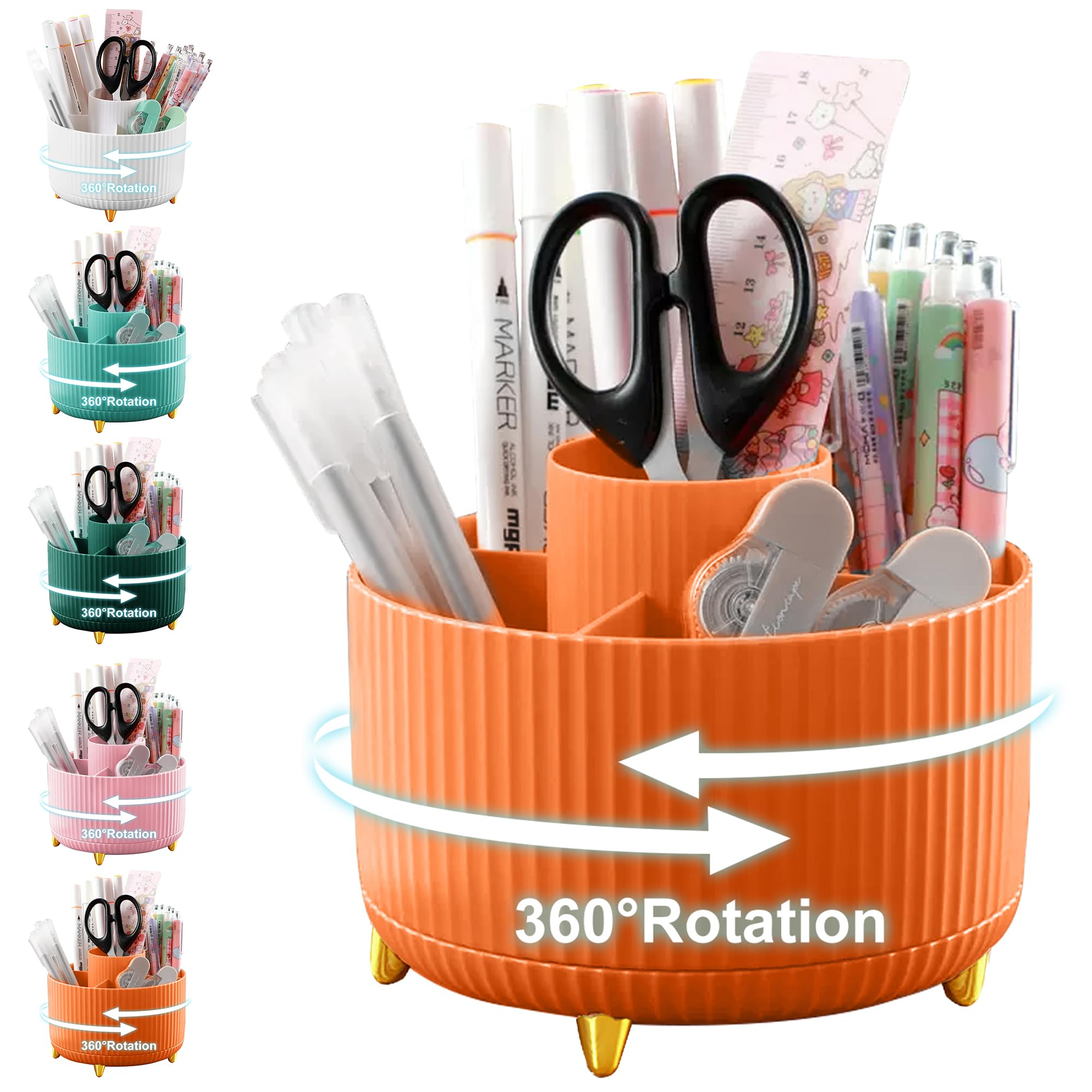 Cayxenful Pencil Holder For Desk,5 Slots 360°Degree Rotating Desk Organizers And Accessories,Desktop Storage Stationery Supplies Organizer, Cute Pencil Cup Pot For Office, School, Home