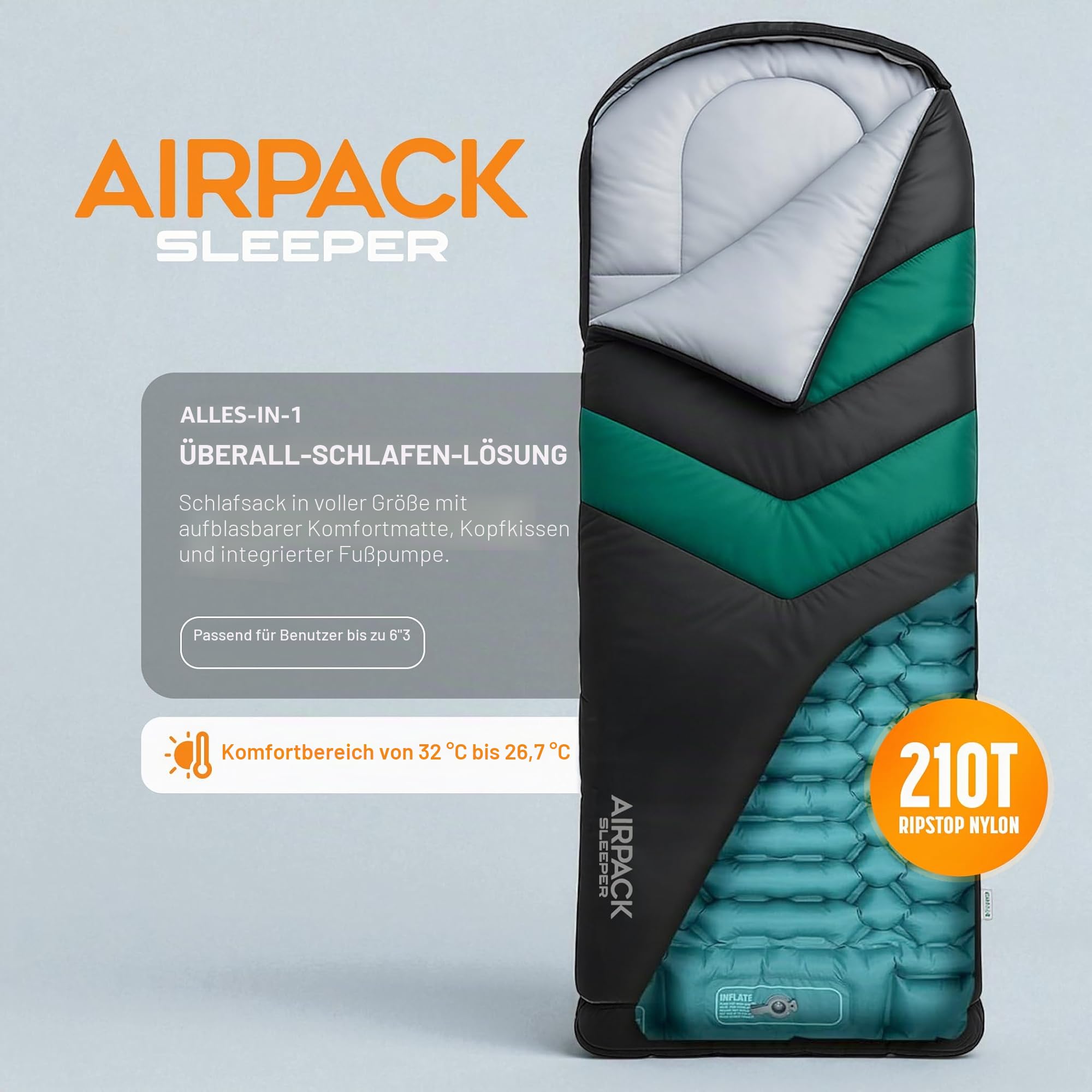 Schlafsack mit integriertem Pad (AirPack Sleeper) – All-in-One aufblasbare Isomatte und Reißverschlussdecke für Camping mit integrierter Fußpumpe