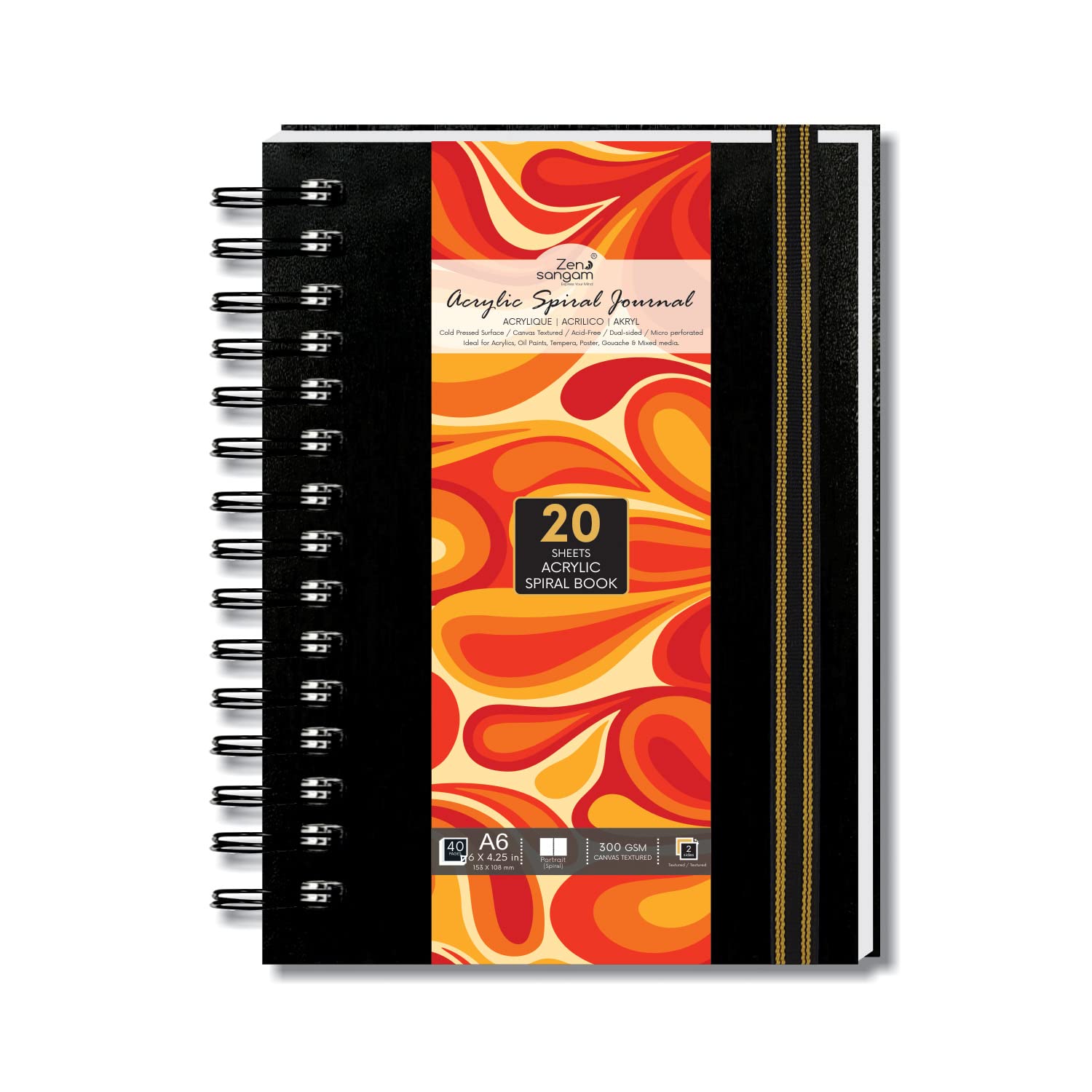 Zen Sangam Artists’ - A6 Spiral Acrylic Pad - Portrait - 300 GSM - Cold Pressed Sketchbook - Canvas Texture - (40 Pages) - Size (14.8x10.5cm) - Wiro Acrylics Art Book - Black-image-2