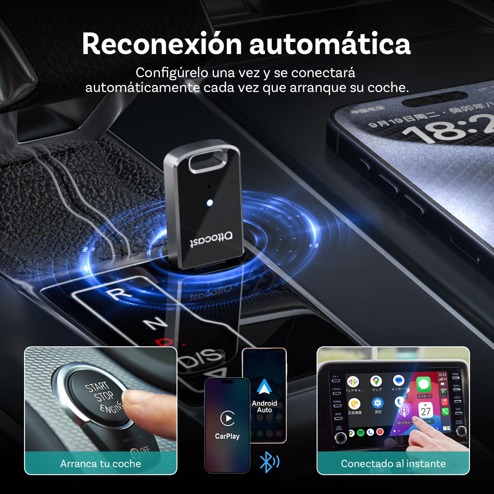 (Nuevo Modelo 2025) OTTOCAST Adaptador Inalámbrico 2 en 1 Carplay Android Auto, OTTO CAST Mini Edge para iOS 10+ y Android 11+, Plug & Play para Coches con Carplay/Android Auto de Fábrica con Cable