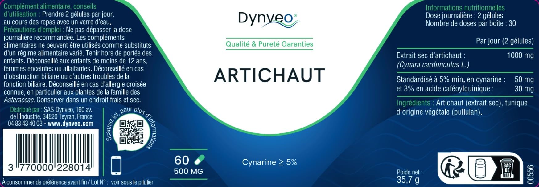 Extrait d'Artichaut - Foie, Détox, Digestion & Lipides - Cynarine 5% - Ratio extraction 6:1 le plus concentré du marché - 500 mg - Origine Européenne - 60 Gélules (2 Gélules/Jour = 1 mois) - Dynveo