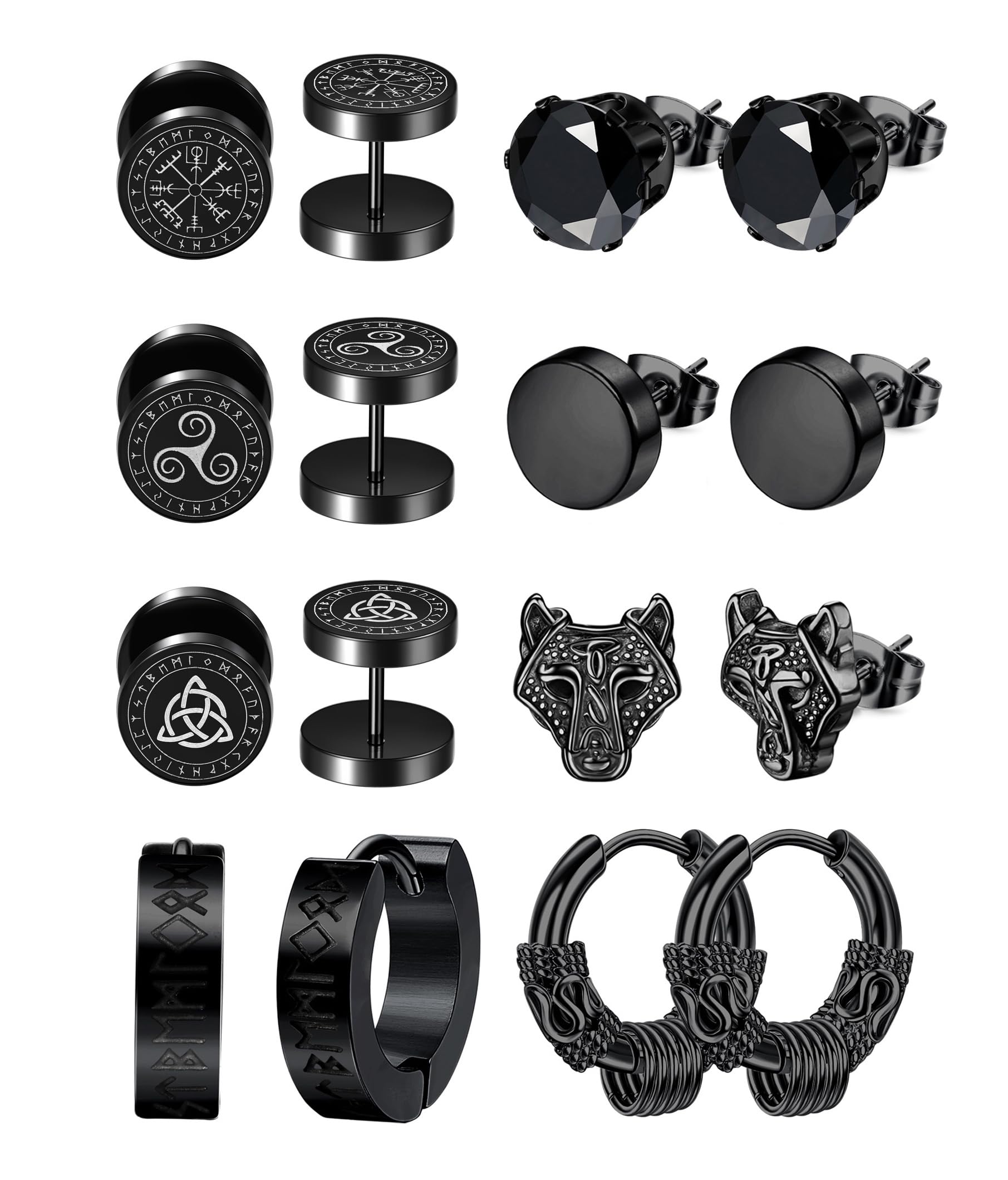 Morfetto 8 pares De Pendientes para Hombre Pendientes Vikingos Pendientes de Aro Huggie Vintage de Acero Inoxidable Pendientes Negros de Lobo para Hombres Joyería Vikinga Nórdica