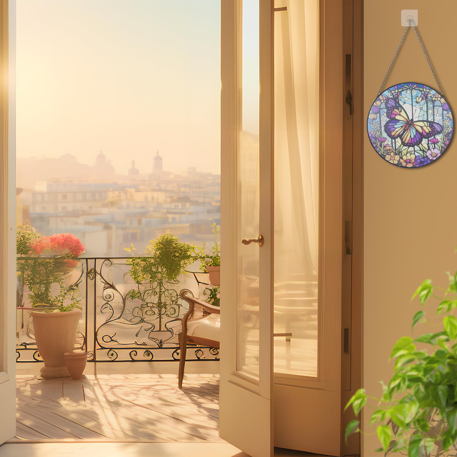 30,5 cm Buntglas, großer Schmetterlings-Dekor, Fensterdekoration, handgefertigt für Fensterdekoration, bemalter Buntglas-Sonnenfänger, mit Metallkette