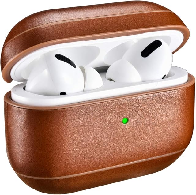 Case for AirPods Pro, ICARER Premium Genuine Leather Portable Shockproof Protective Case Cover for Apple AirPods Pro 2019 Earphones Charging Case (LED Visible) Support Wireless Charger (Brown)