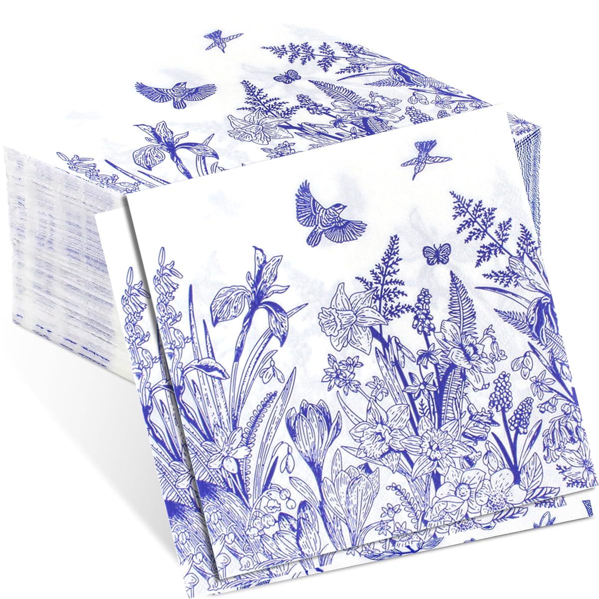 Garegce 100pcs Paper Napkins, Blue and White Floral Vintage Celadon Disposable Party Serviettes, Recycled 2-Ply Party Napkins for Table Decorations Bridal Baby Shower Mother's Day - 33x33cm — image 1