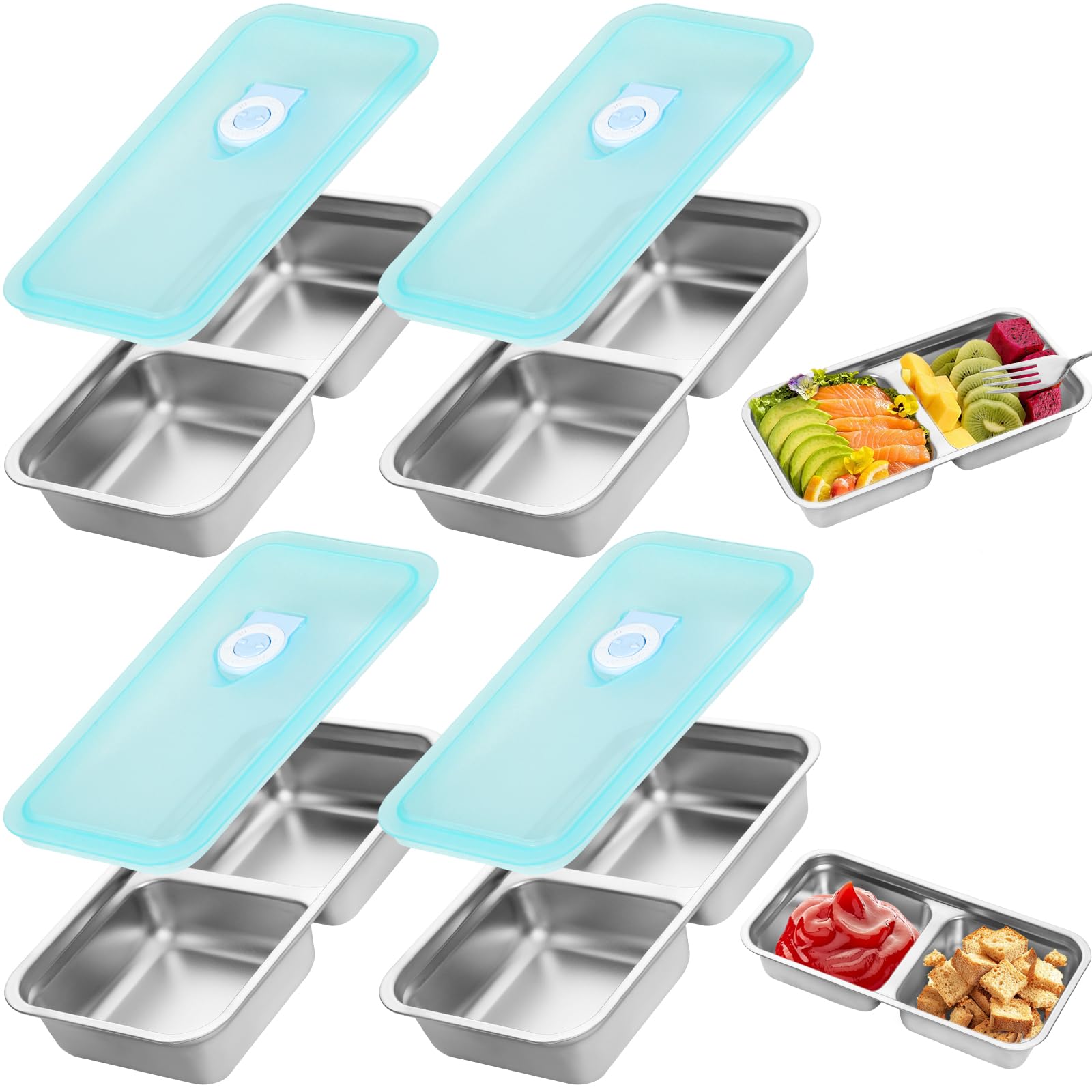 4 Pack Stainless Steel Snack Containers -15oz Reusable Grab and Go 2 Compartment Food Storage Containers for Kids with Leakproof Lids for Travel