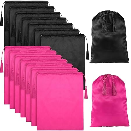 16 Pieces Satin Wig Bags Soft Silky Wig Pouches with Drawstring Tassel Large Hair Storage Bags for Packaging Hair Extensions Wigs Bundles Travel (Pure Black and Pure Pink)
