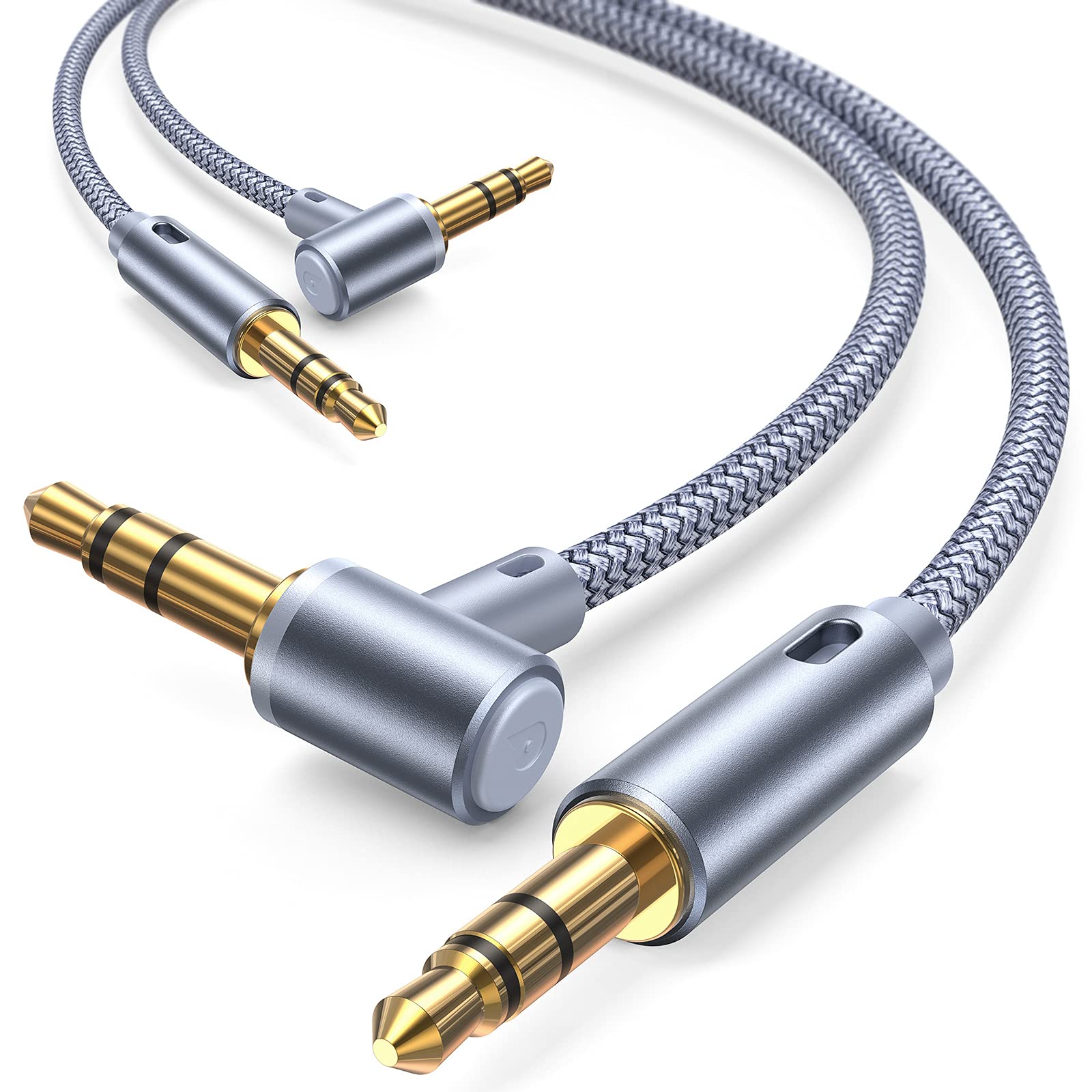 AINOPE Aux Cable [2-Pack/4ft], 90°Angled 3.5mm Aux Cord[Hi-Fi Sound, Nylon Braided] Male to Male Stereo Audio Cables Compatible with Car, Beats Headphone, Studio, Recorder, Smartphone- Grey