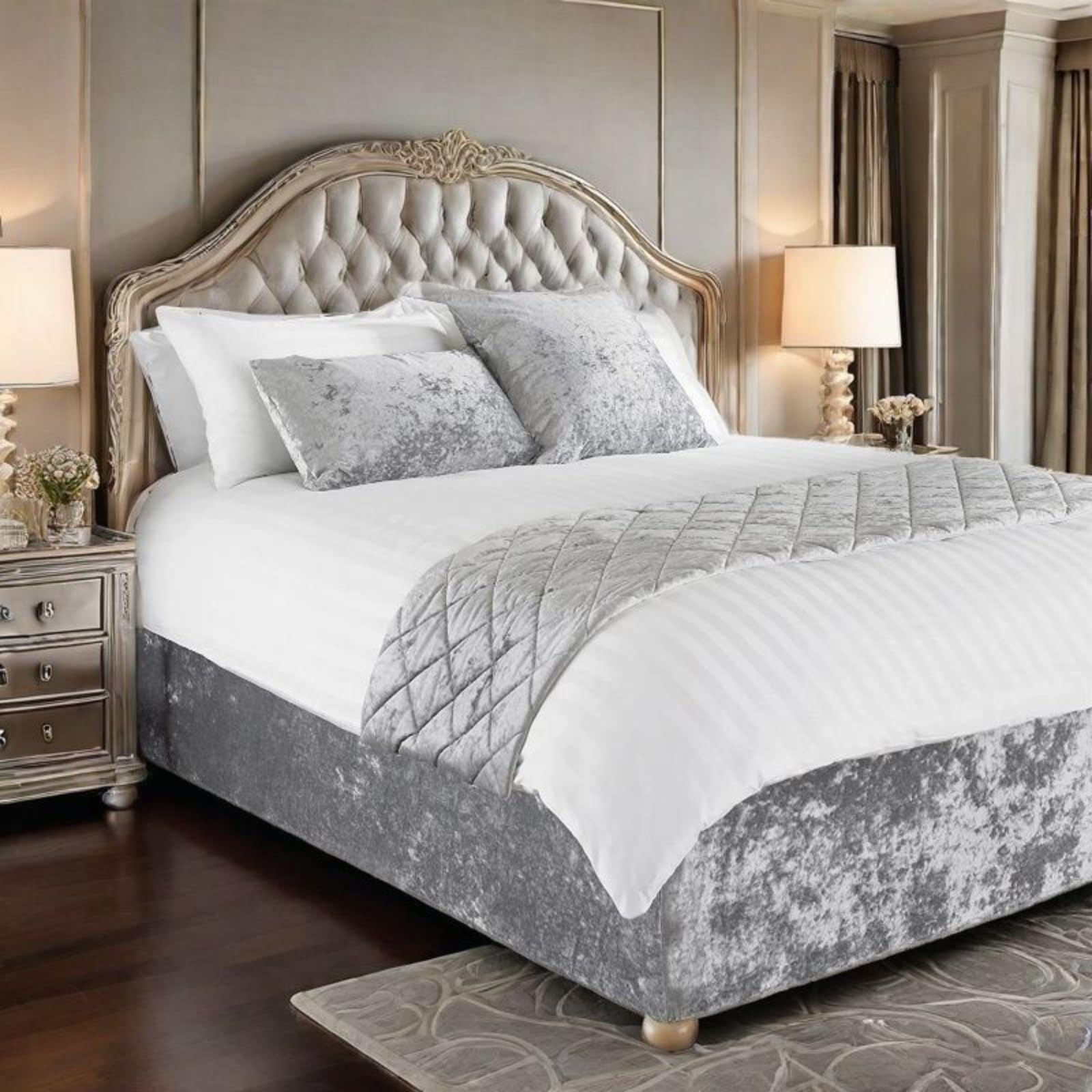 Diamond Velvet Box Spring Cover Queen King Size, Stretch Bed Frame Cover Wrap Around Elastic 4 Sides Bed Skirt Alternative Boxspring Cover (Silver