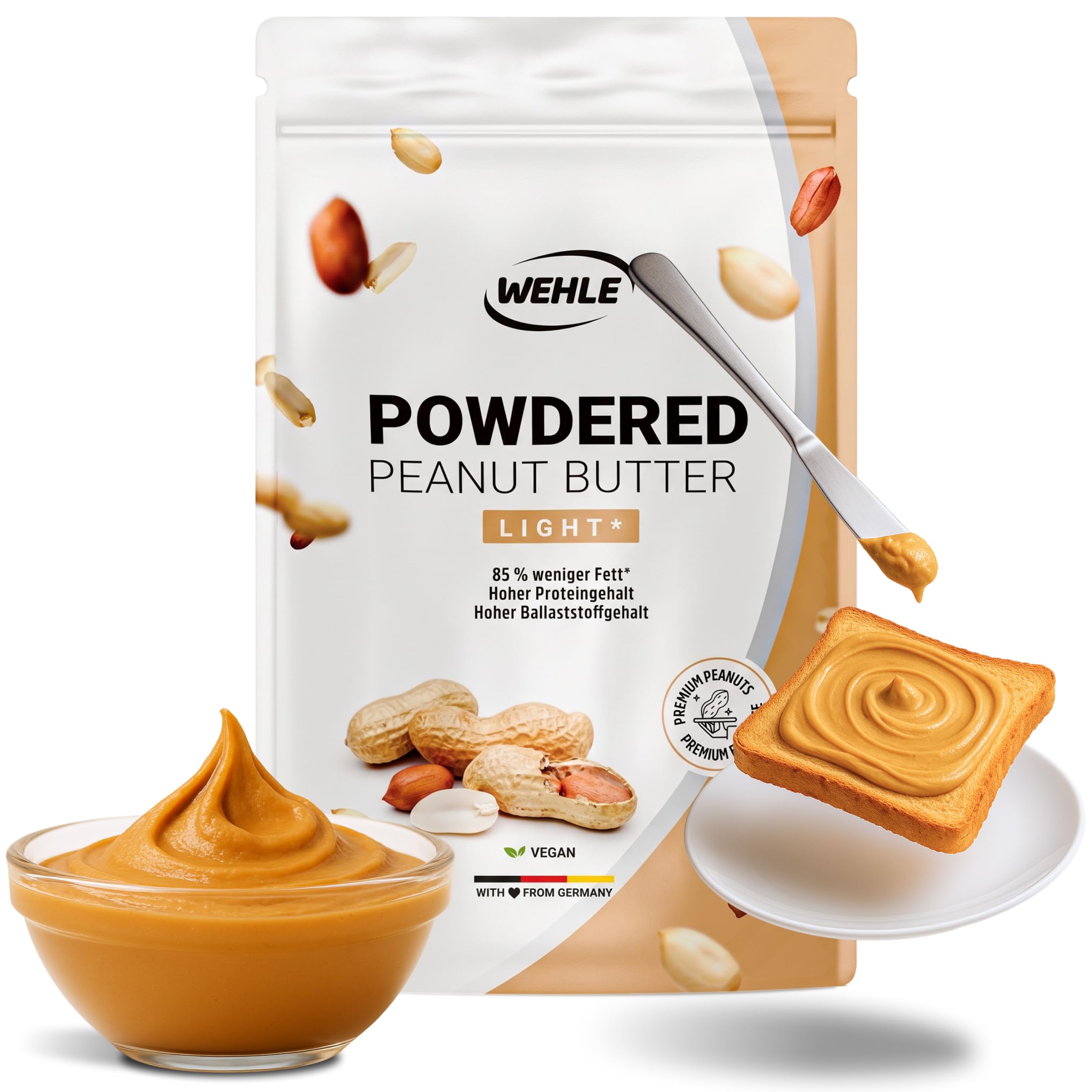 Erdnussbutter light Pulver 1 kg / 1000 g - Powdered Peanut Butter 85% weniger Fett, ohne Zucker I Peanut Creme mit leckerem Geschmack, Wehle Sports - Verpackung kann variieren