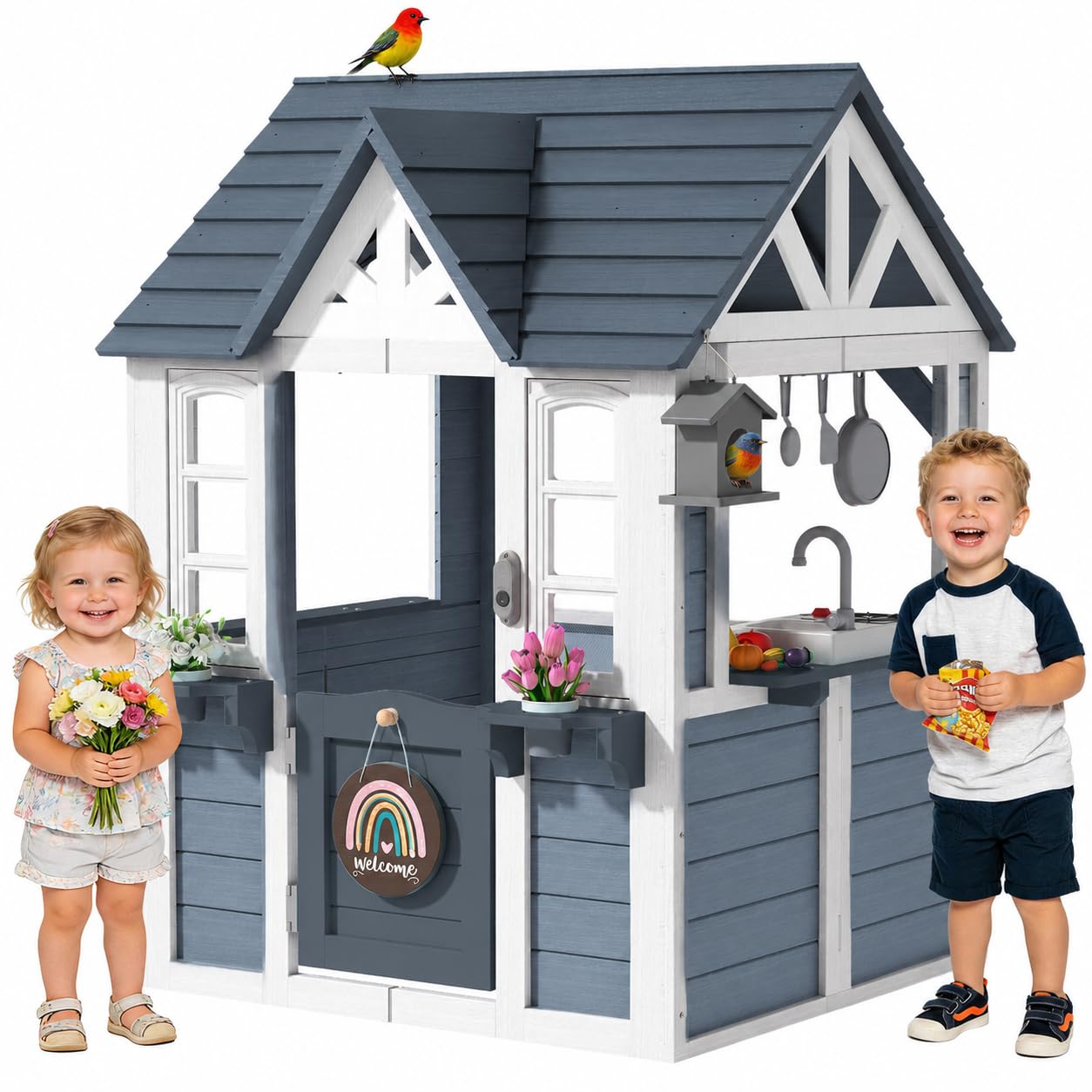 BIERUM Wooden Outdoor Playhouse for Kids with Pretend Play Ages 3-8