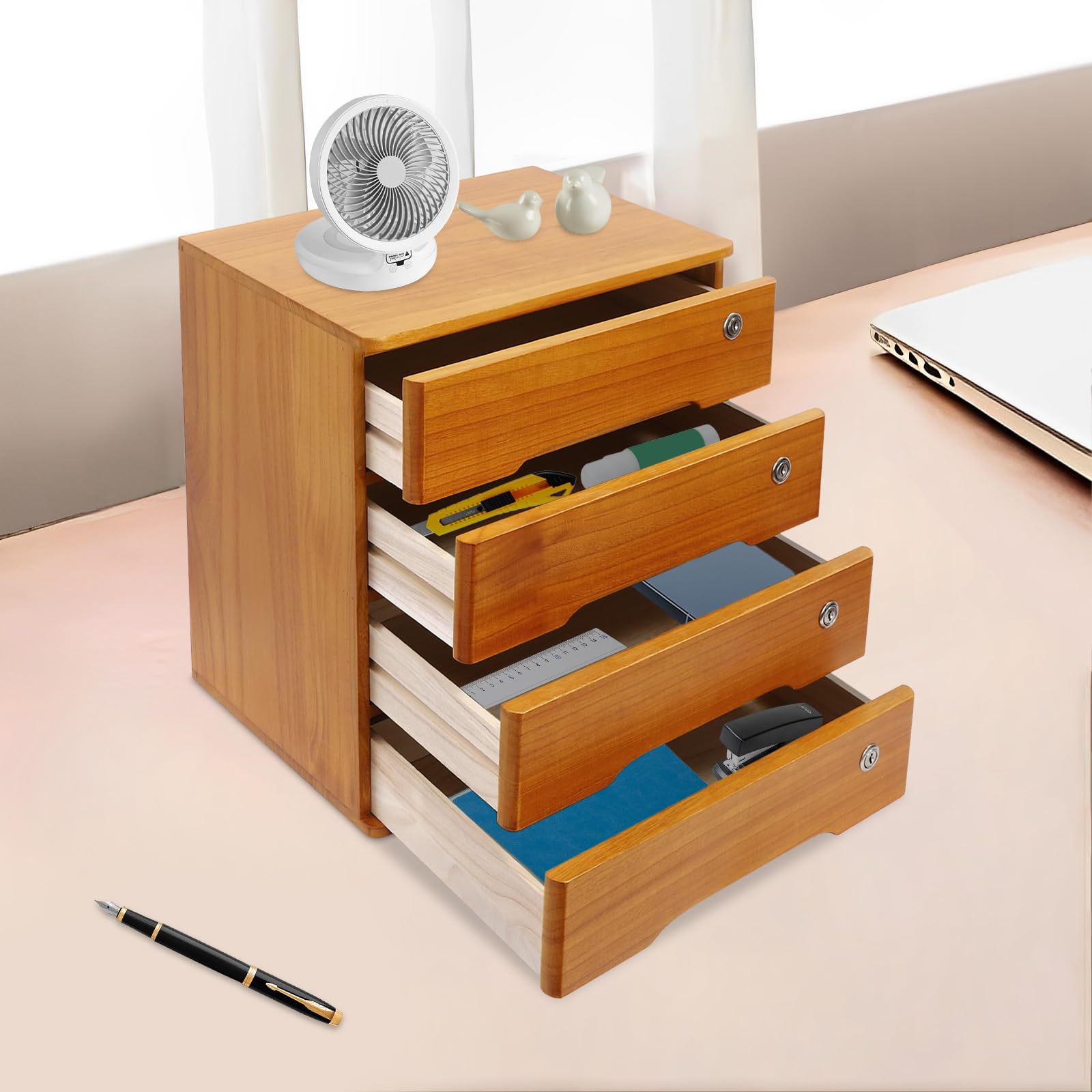 Armadietto portaoggetti in legno a 4 ripiani con serratura, cassettiera in legno Tung, organizzatore da scrivania compatto, armadietto da ufficio preassemblato