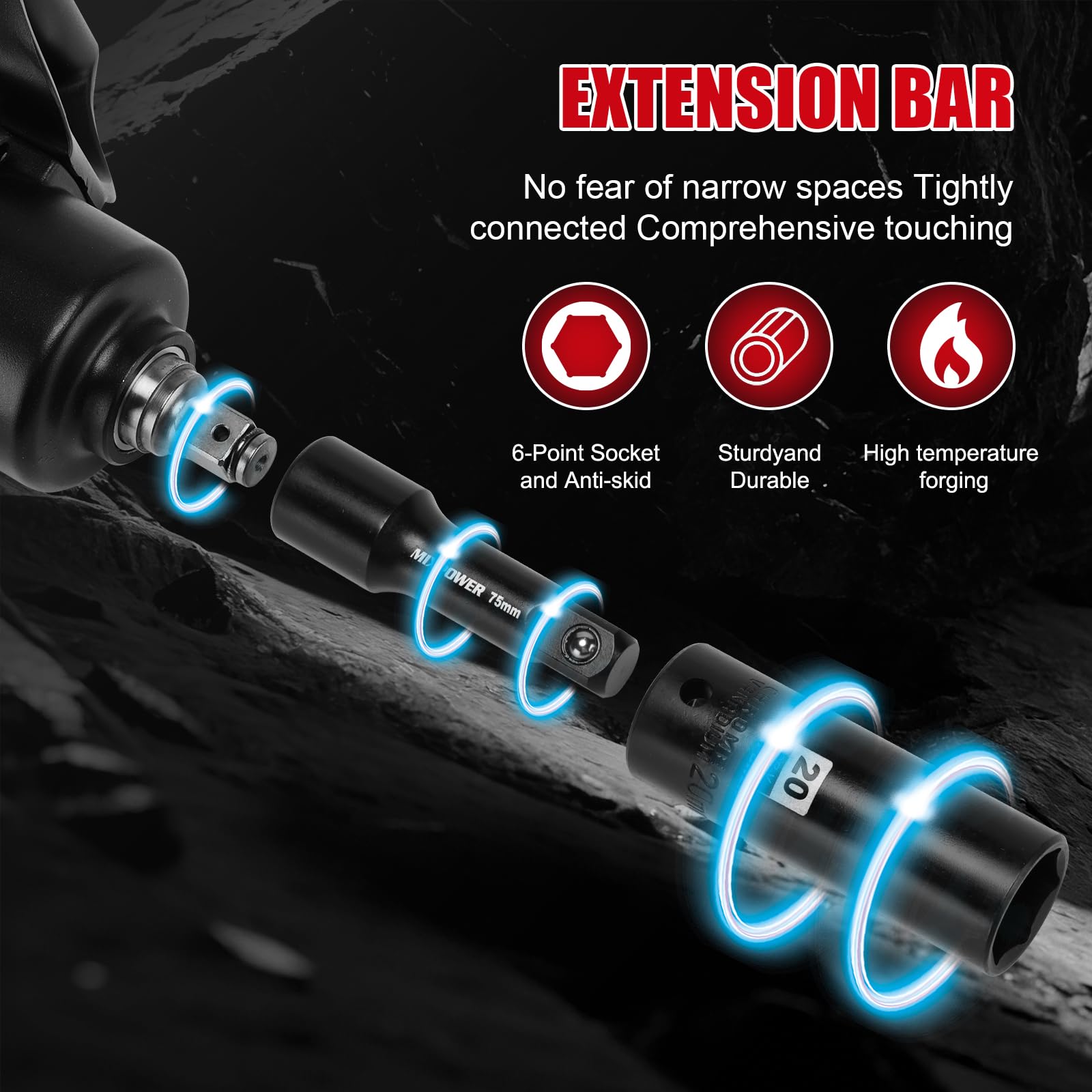 MIXPOWER Set di 33 chiavi a bussola a percussione, da 1/2", profondità da 10 a 36 mm, a 6 punti, con custodia portatile, metrica, acciaio CR-V e CR-MO