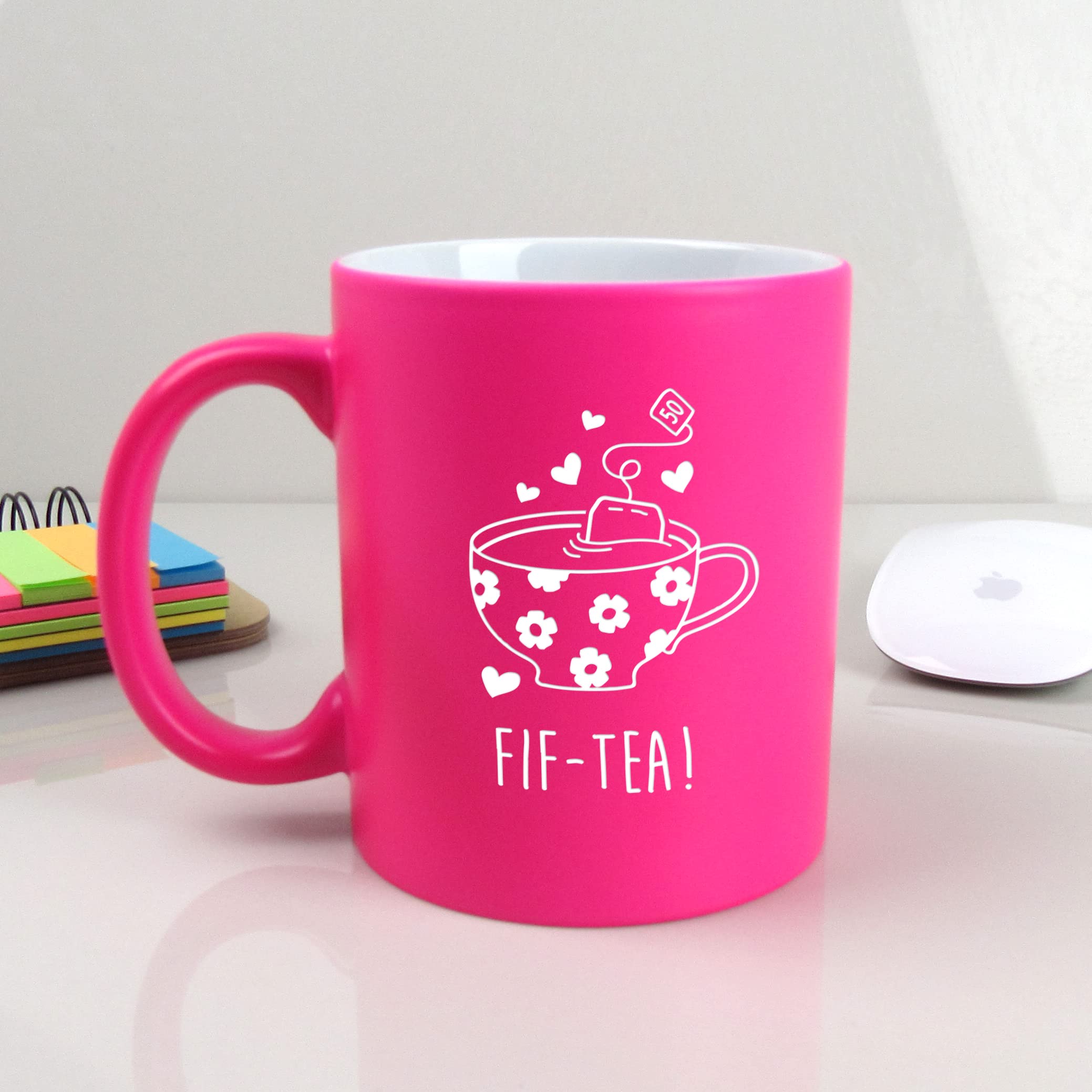 eBuyGB Engraved Neon Pink Coffee Mug -FIF-Tea Design - 310ml Tea Cup, 50th Birthday Gifts for Women, Her - Fiftieth Birthday Gift for Mum, Friend, Sister, Grandma