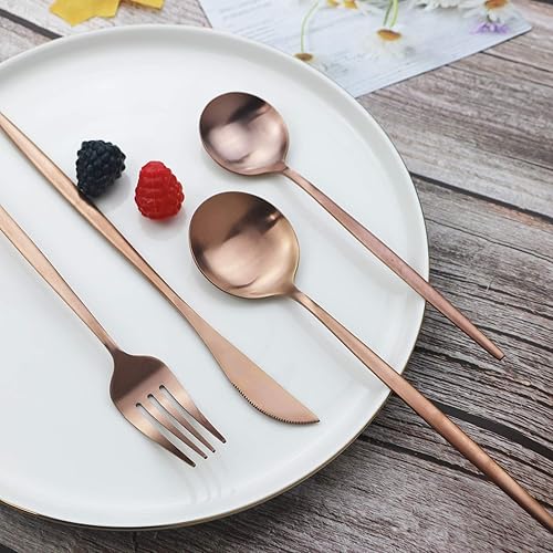 Miniatura 7 de JASHII Juego de cubiertos de acero inoxidable con acabado satinado para 6, 30 cucharas y tenedores, apto para lavavajillas (oro rosa mate)