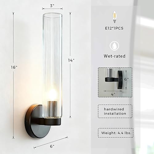 Miniatura 2 de Aplique de vidrio estriado para interiores y exteriores (3") (negro mate)