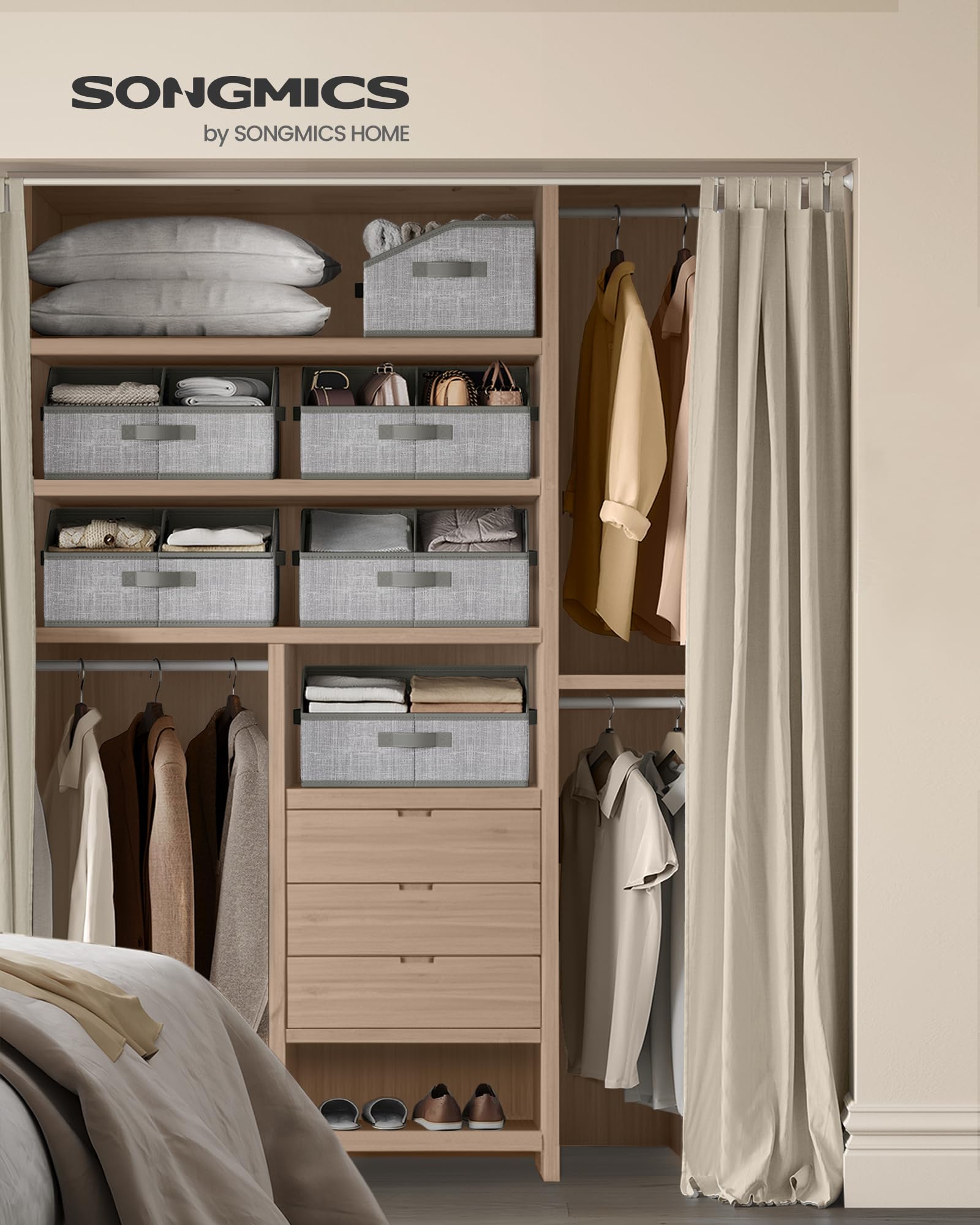 SONGMICS Set di 6 cestini portaoggetti, pieghevoli, scatole in tessuto, 40 x 30 x 20 cm, organizer per armadio, 3 manici, per camera da letto, soggiorno, grigio torta, URFB0140G01