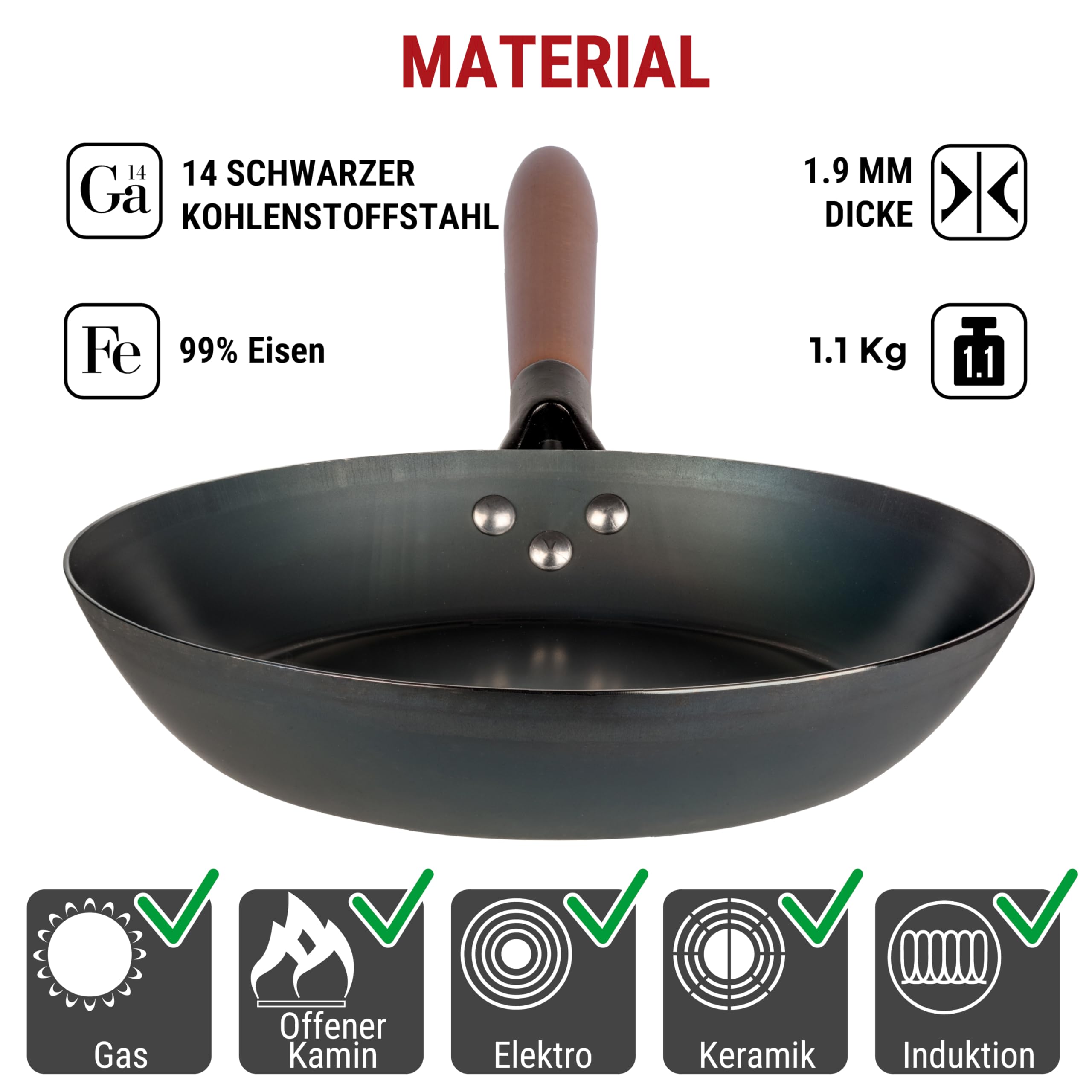 YOSUKATA Carbonstahl Pfanne - 26-cm-Bratpfanne - Pfanne alle Herdarten | Beschichtungsfreie Karbonstahlpfanne - Robuste Kohlenstoffstahl-Pfannen mit Abnehmbaren Griff - Hitzebeständigem Holzgriff