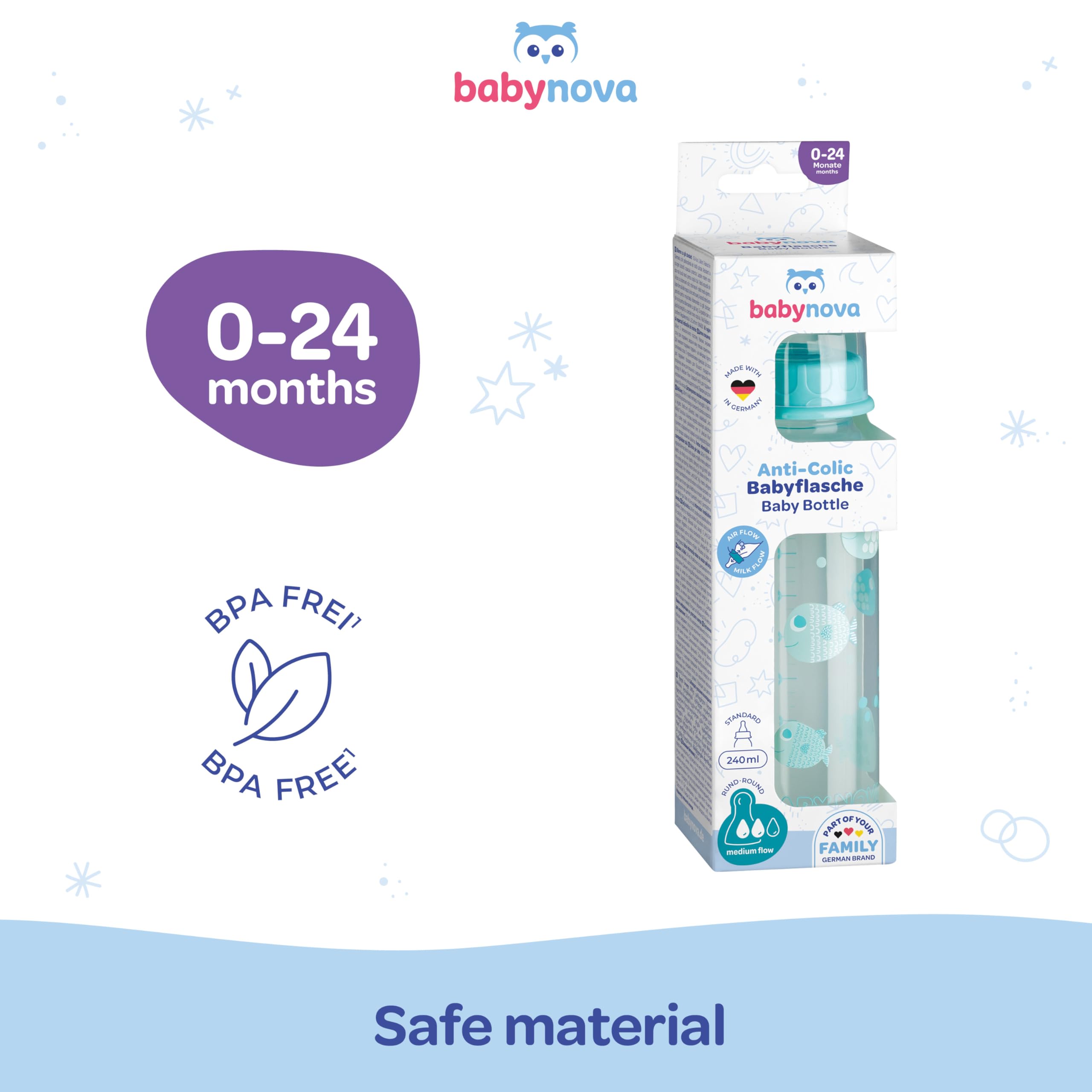babynova Biberon 240ml con tettarella in silicone a flusso medio anti-colica per neonati - Prodotto in Germania - Senza BPA - Pesci