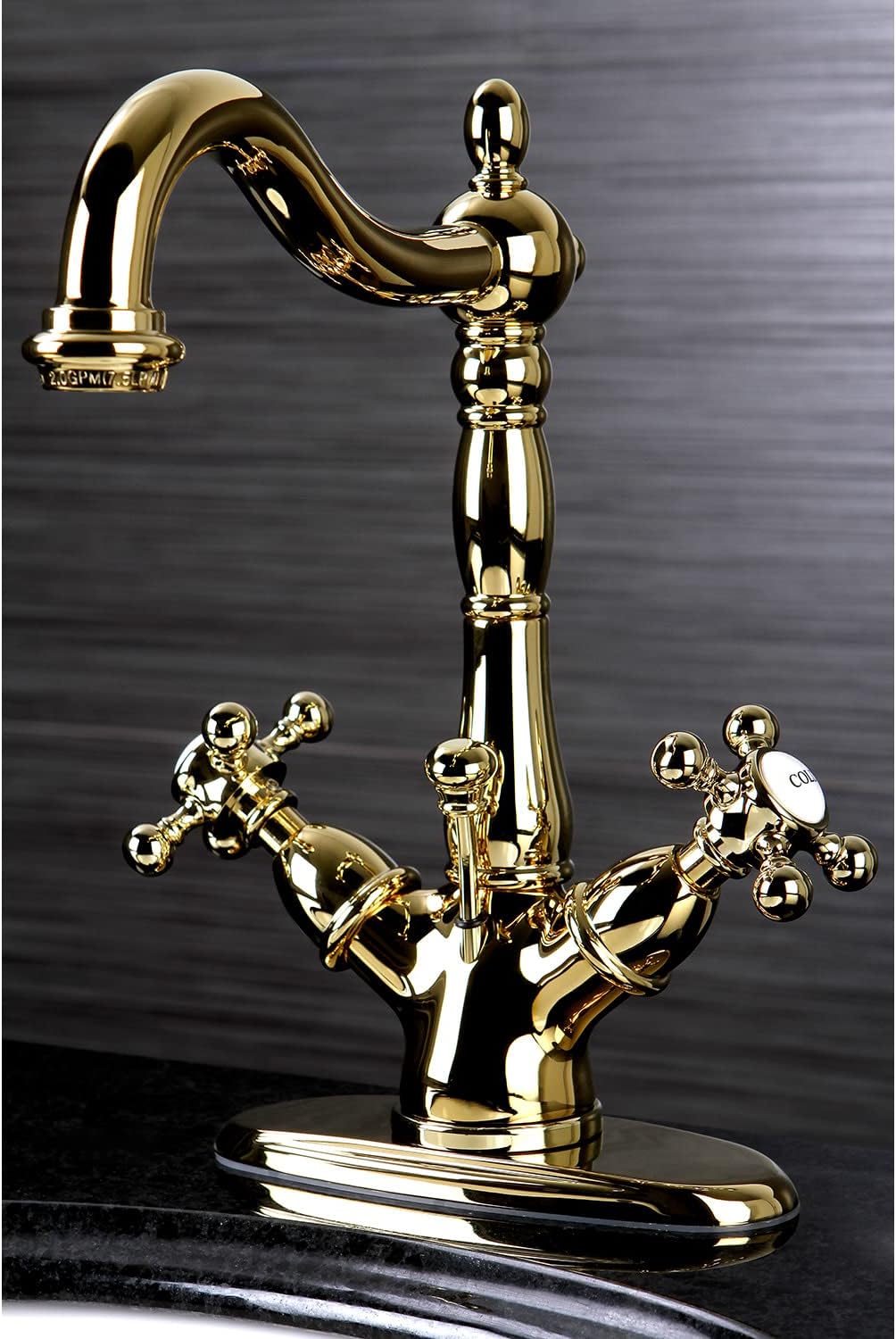 Kingston Brass KS1432BX 4-Inch Deck Mount Lavatory Faucet with Metal Cross Handle and Brass Pop-Up, Polished Brass