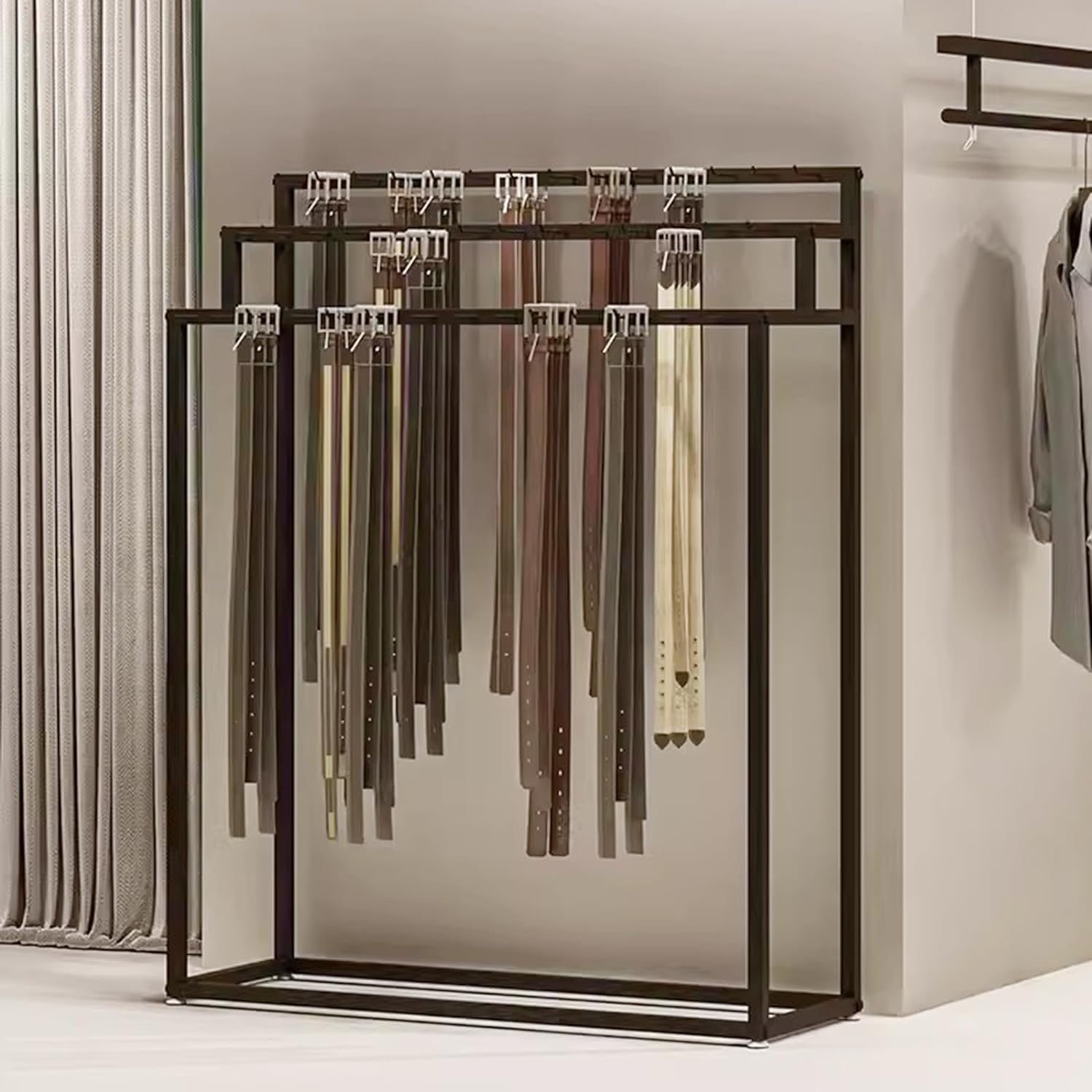 Bodenmontierter Gürtelhalter, Metall-Kleiderschrank-Ständer, Organizer, Krawatten-, Schal- und Taschenregal für den Bekleidungseinzelhandel (schwarz, 60 x 40 x 150 cm)