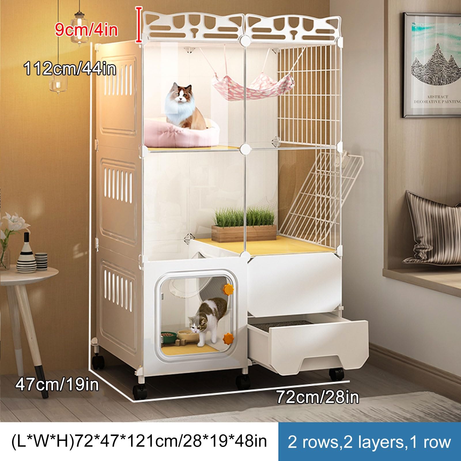 Cage pour Chat avec Bac à Litière, Enclos Chat à 3 Niveaux, Grand Parc Amovible, Appartement pour Chat, Catio D'intérieur for 1 à 2 Chats