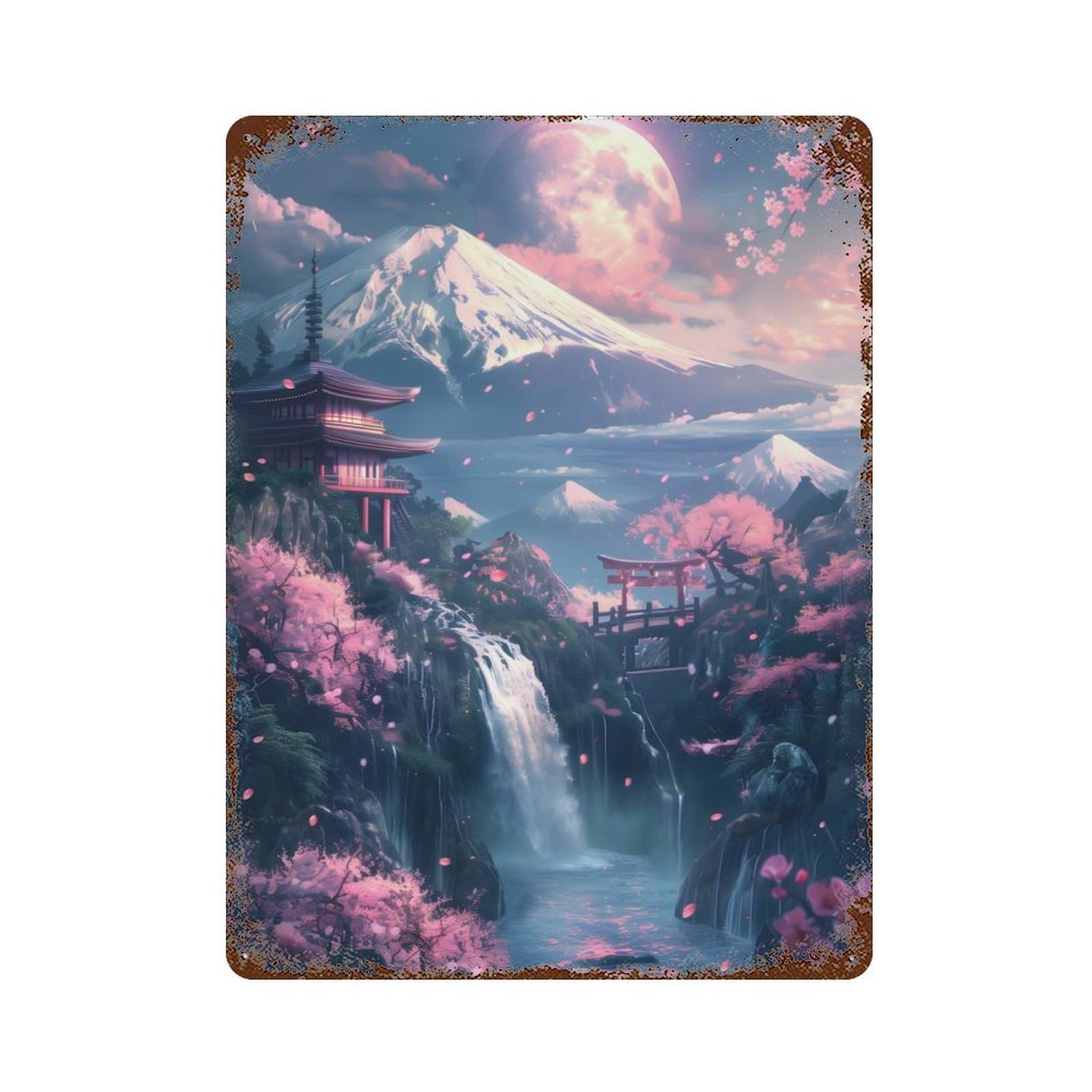 Cherry Blossom Japan Fuji Rusty Metal Tin Sign 15.7"x11.8", for Shed, Workshop And Garage Wall Decor, Novelty Wall Decor