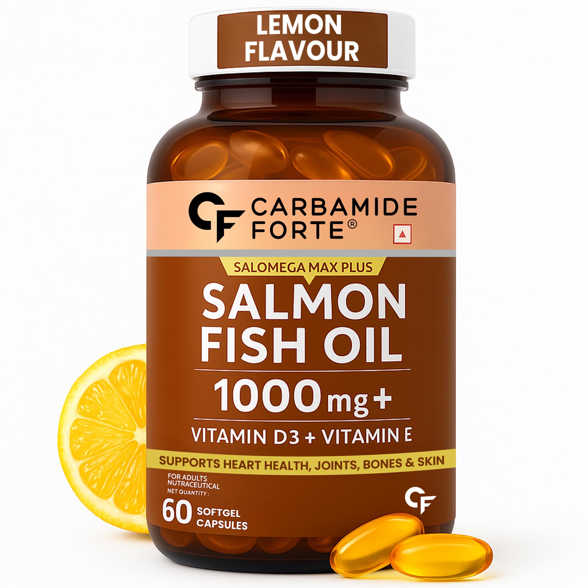 Carbamide Forte Omega 3 Fish Oil Capsules Softgel 1000mg with Vitamin D & E | Omega 3 Supplement Softgel For Men & Women | Salmon Fish Oil Omega3 Supplement For Heart, Joints, Bones & Skin - 60 Softgels