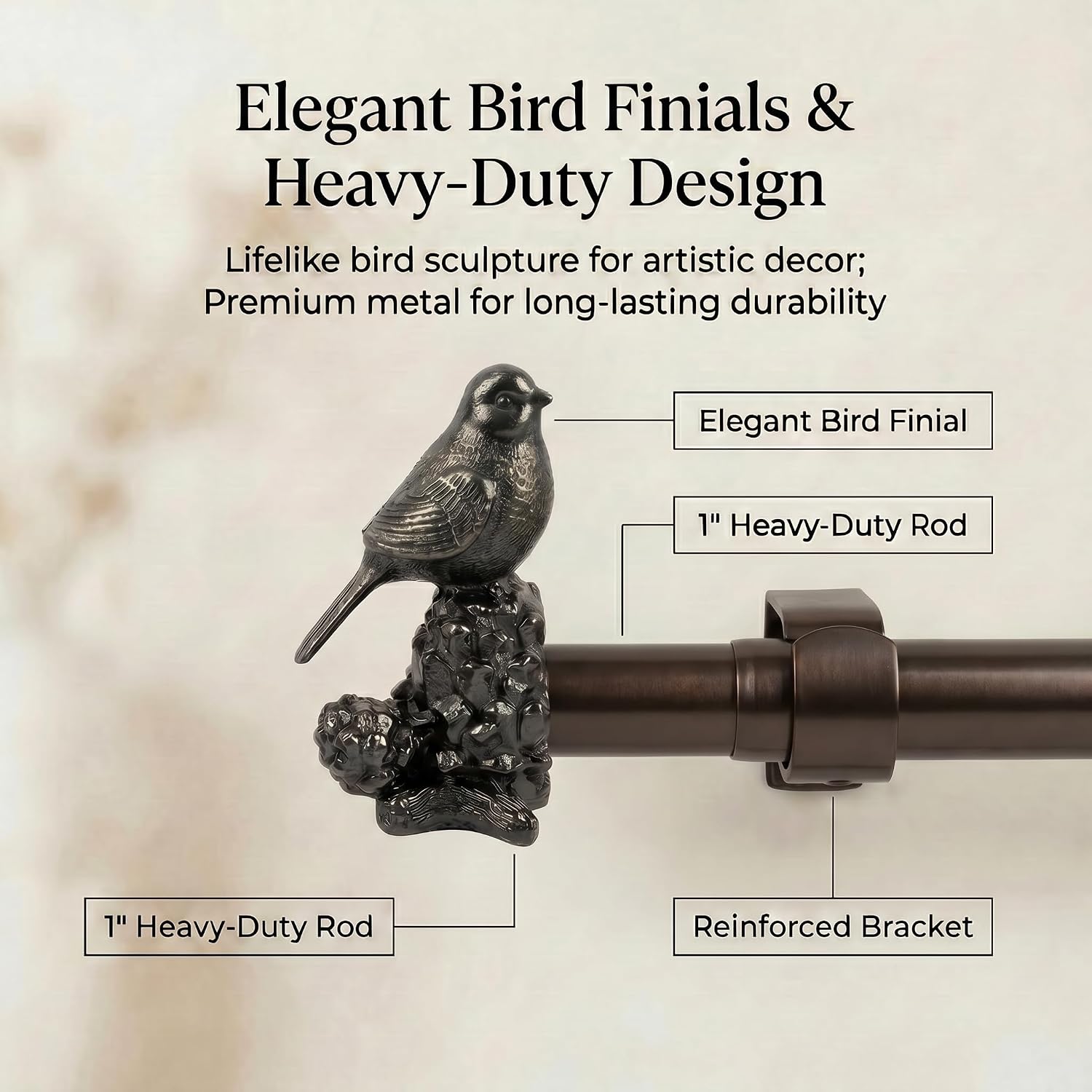 Antique Bronze Curtain Rod 32 to 45 Inches，Adjustable Heavy Duty Drapery Rod Set with Vintage Bronze Bird Finials, Farmhouse Window Treatment for Home & Patio (Antique Bronze, 32 to 45 Inches)