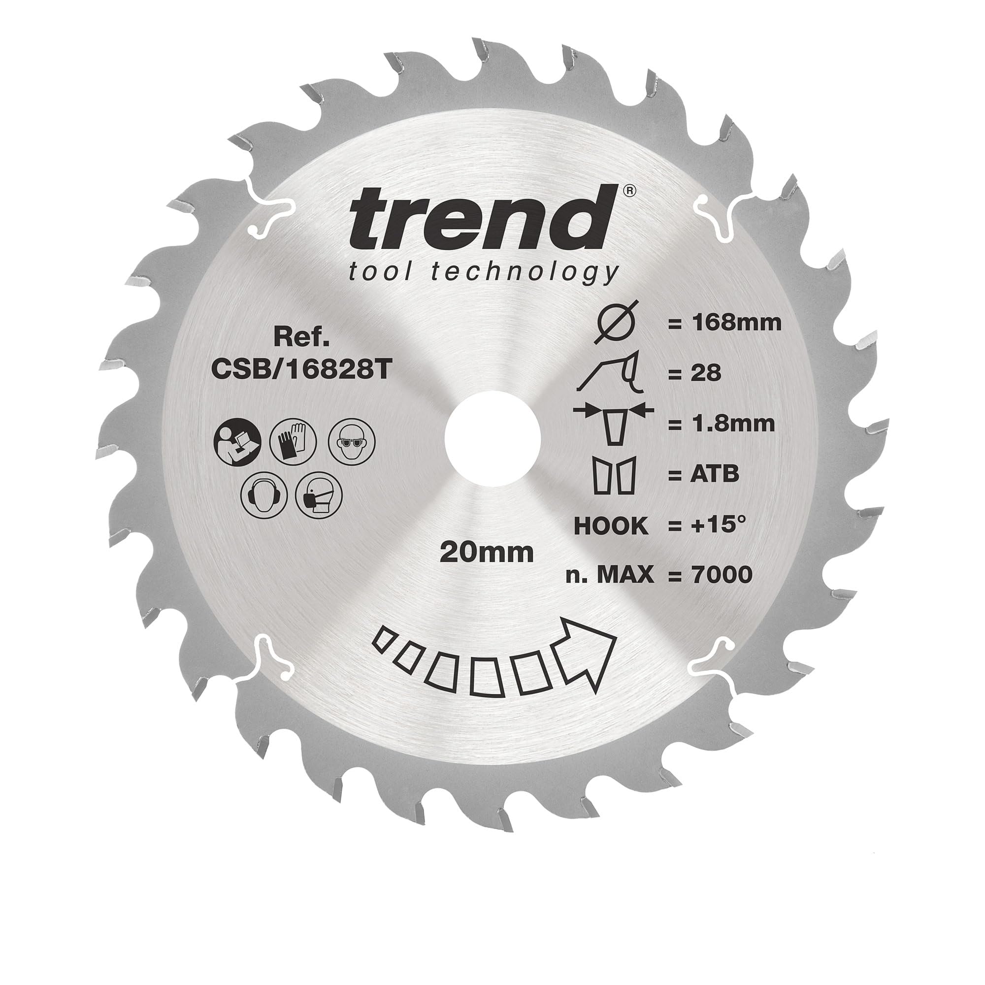 Trend Lame de scie circulaire sans fil Wood, diamètre 168 mm, alésage 20 mm, 28 dents, trait de scie 1,8 mm, crochet +15°, TCT, finition moyenne, CSB/16828T