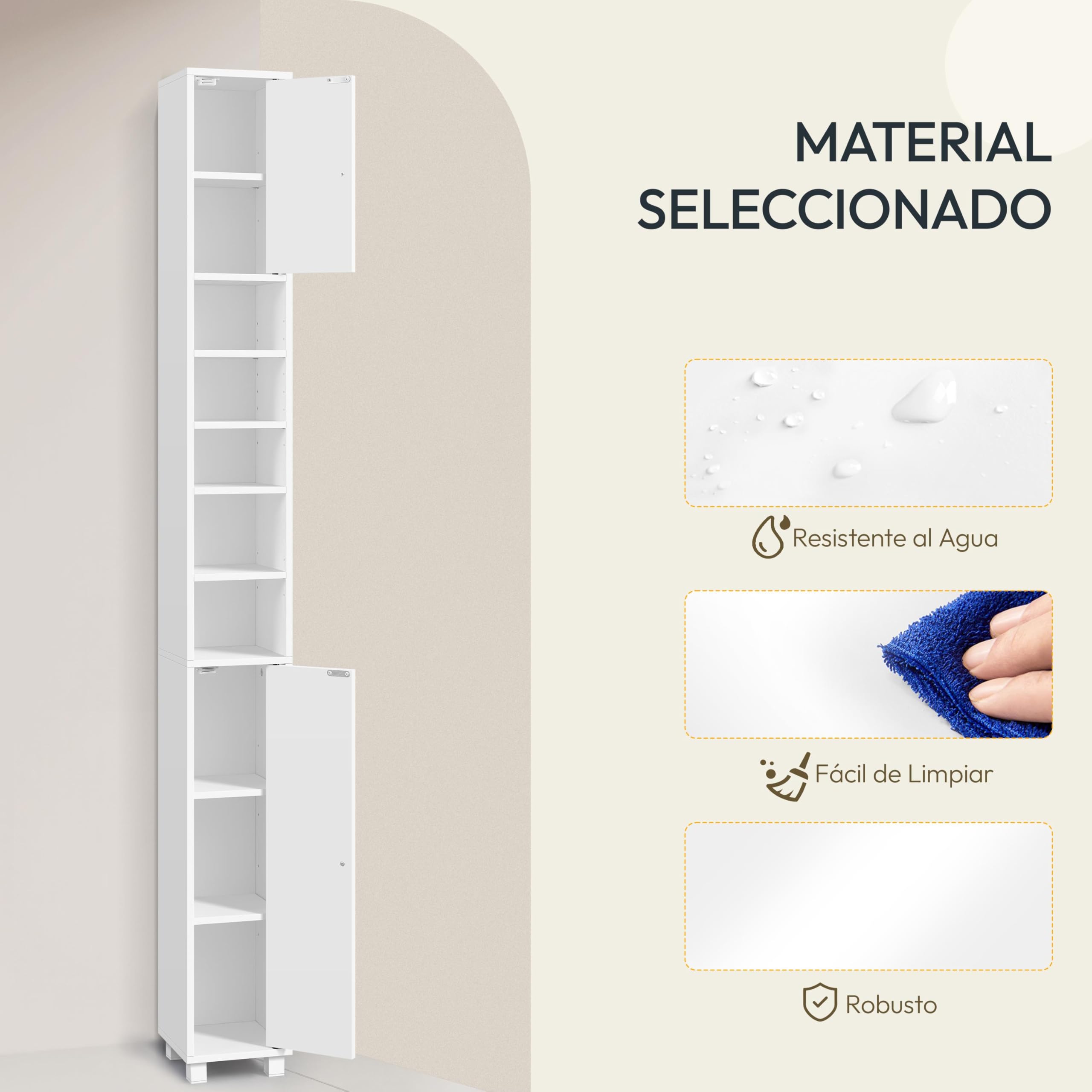 Abician Meuble Colonne Salle de Bain 20 cm - Armoire de Rangement Étroite avec Tiroir et Étagères Réglables - Meuble Salle de Bain Compact pour WC, Blanc, 20x20x180cm