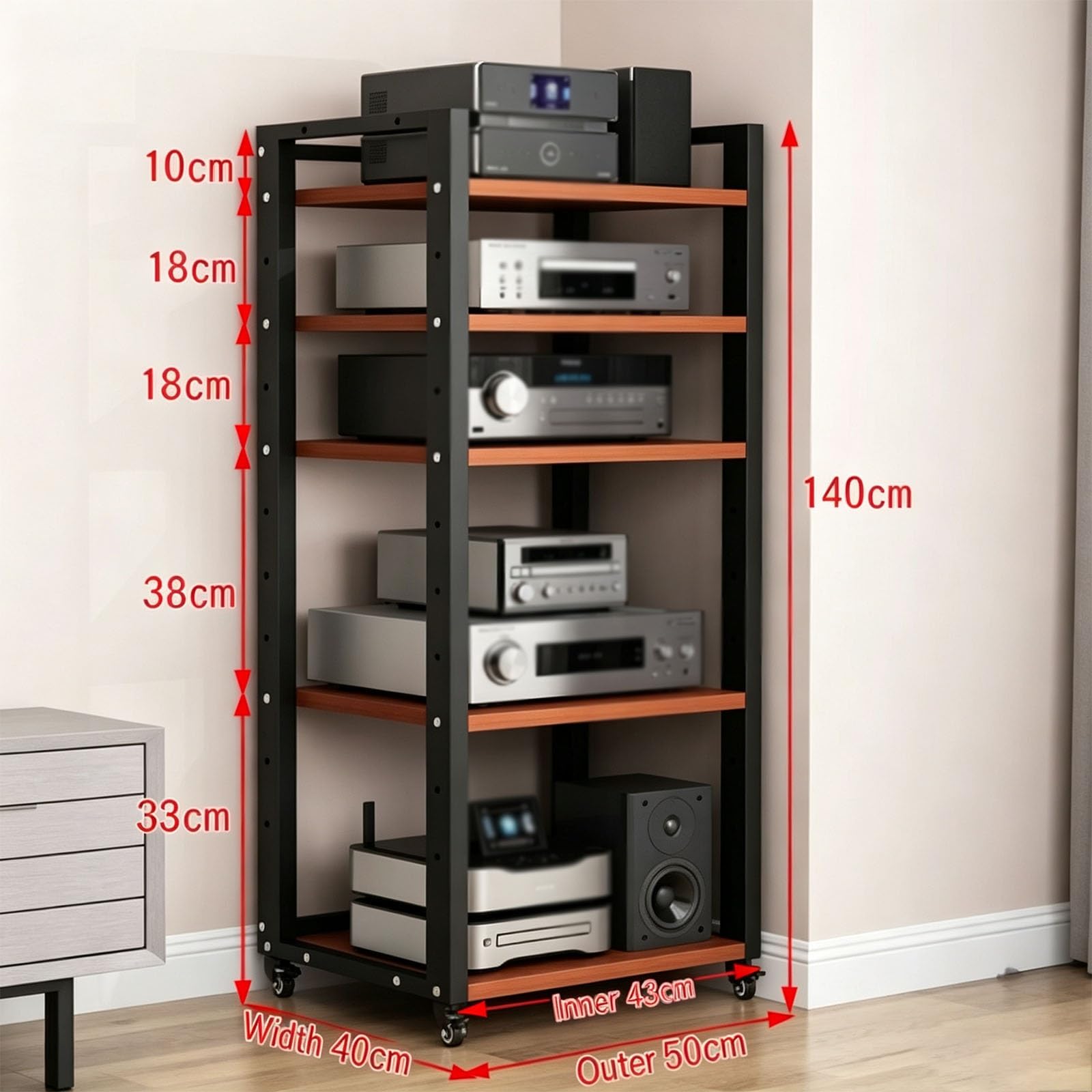 Generico Supporto Rack Audio Mobile, Audio‑Video Con Ruote Universali | Mobiletto Stereo Audio, 5 Ripiani Mobili Per Amplificatori E Giradischi In Home‑theater