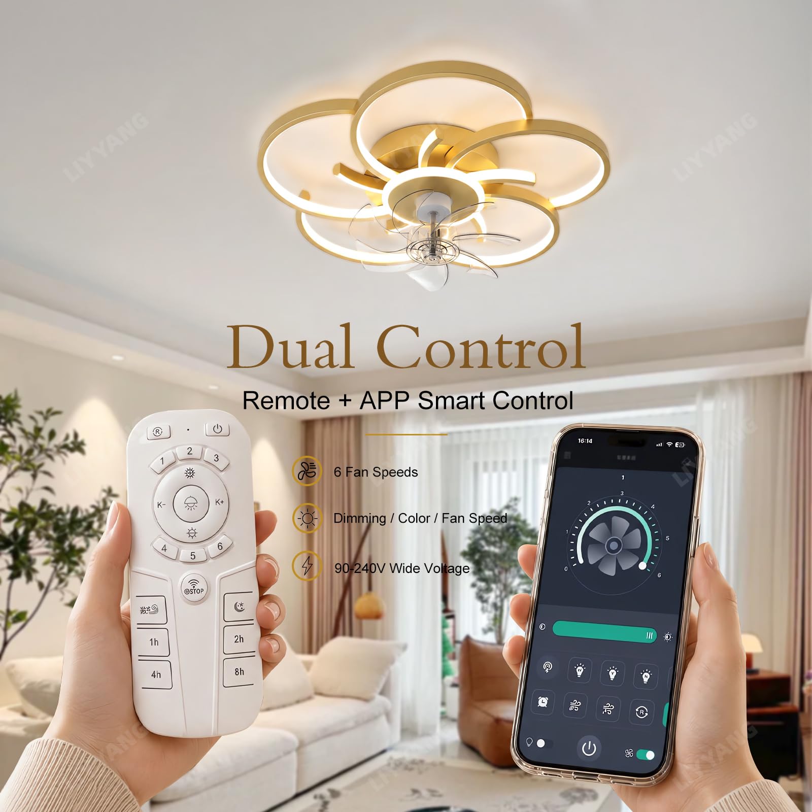 37W Kreis LED Deckenleuchte mit Ventilator, Moderne Dimmbare Deckenventilatoren, 6-Speed Lampe mit Ventilator Mit Fernbedienung App Timer Leiser für Schlafzimmer Esszimmer Büro (Gold)
