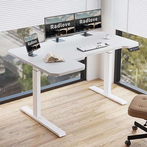 Miniatura 9 de Dual Motors - Escritorio eléctrico de pie en forma de L de 59 pulgadas de altura ajustable con diseño curvo, 4 teclas de memoria, escritorio de