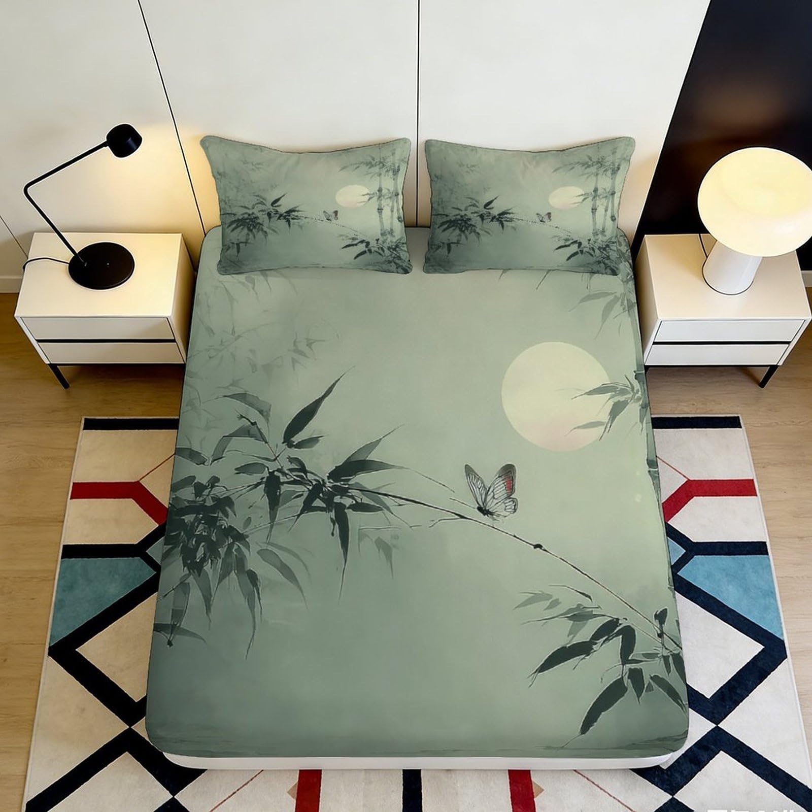 3D Printed Bamboo Moon Fitted Sheet Microfiber Soft Green Bird Mattress Cover for Bedroom Guest Room Decor 90x200x25cm