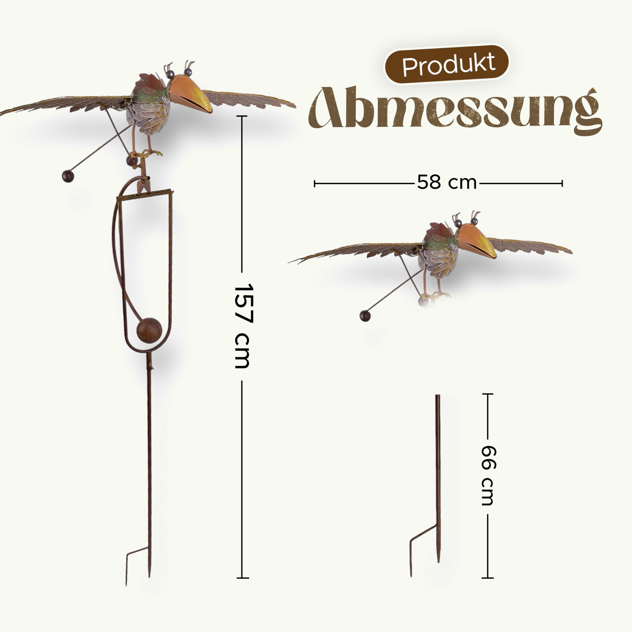 Crispe Home & Garden | Windspiel großer Vogel 138 cm | Deko Gartenstecker | Gartendekoration Metall | Gartendeko Vogel | Hochwertig und langlebig